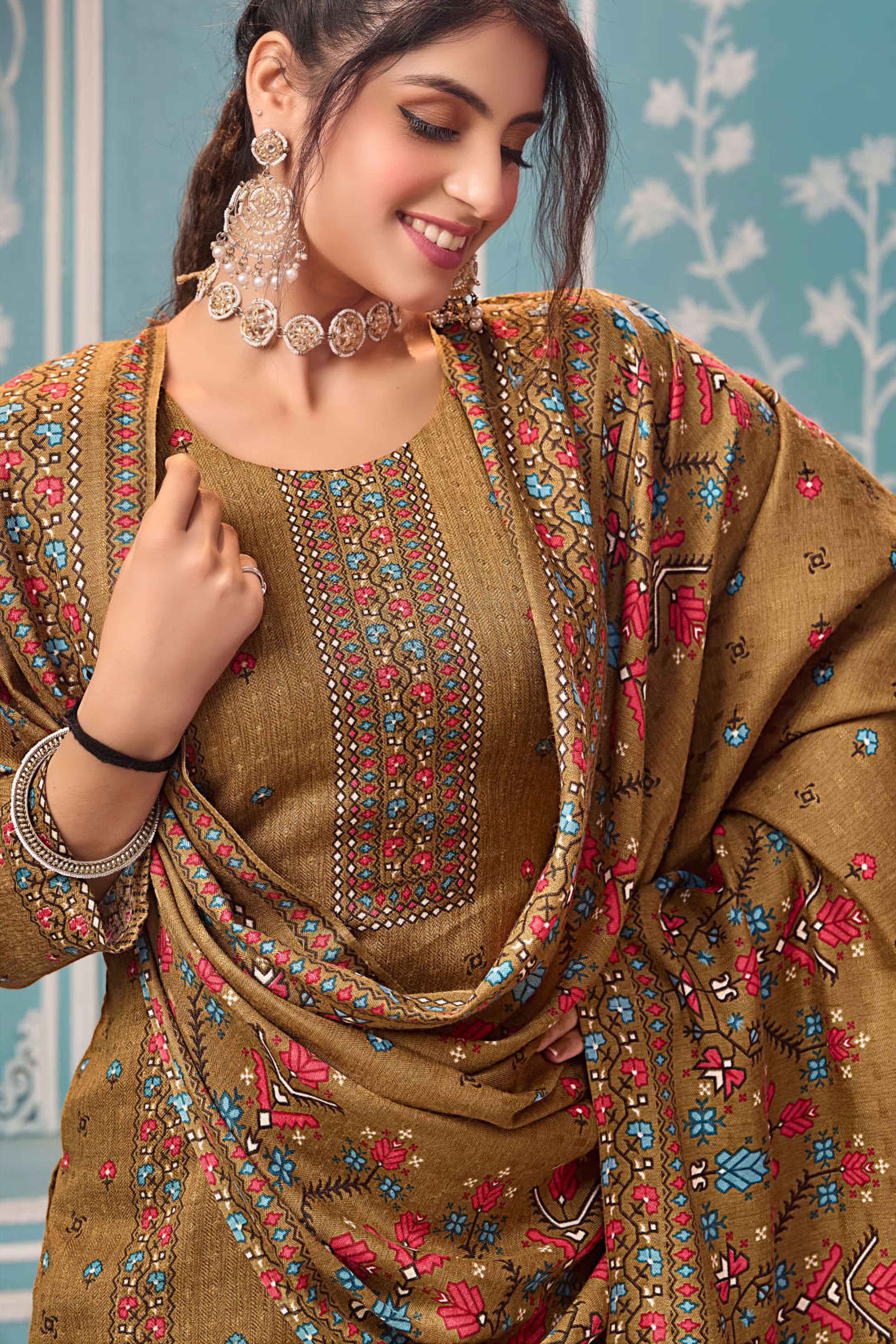 Olive Floral Print Pashmina Fabric Set Designed for Warm and Stylish Ethnic Wear