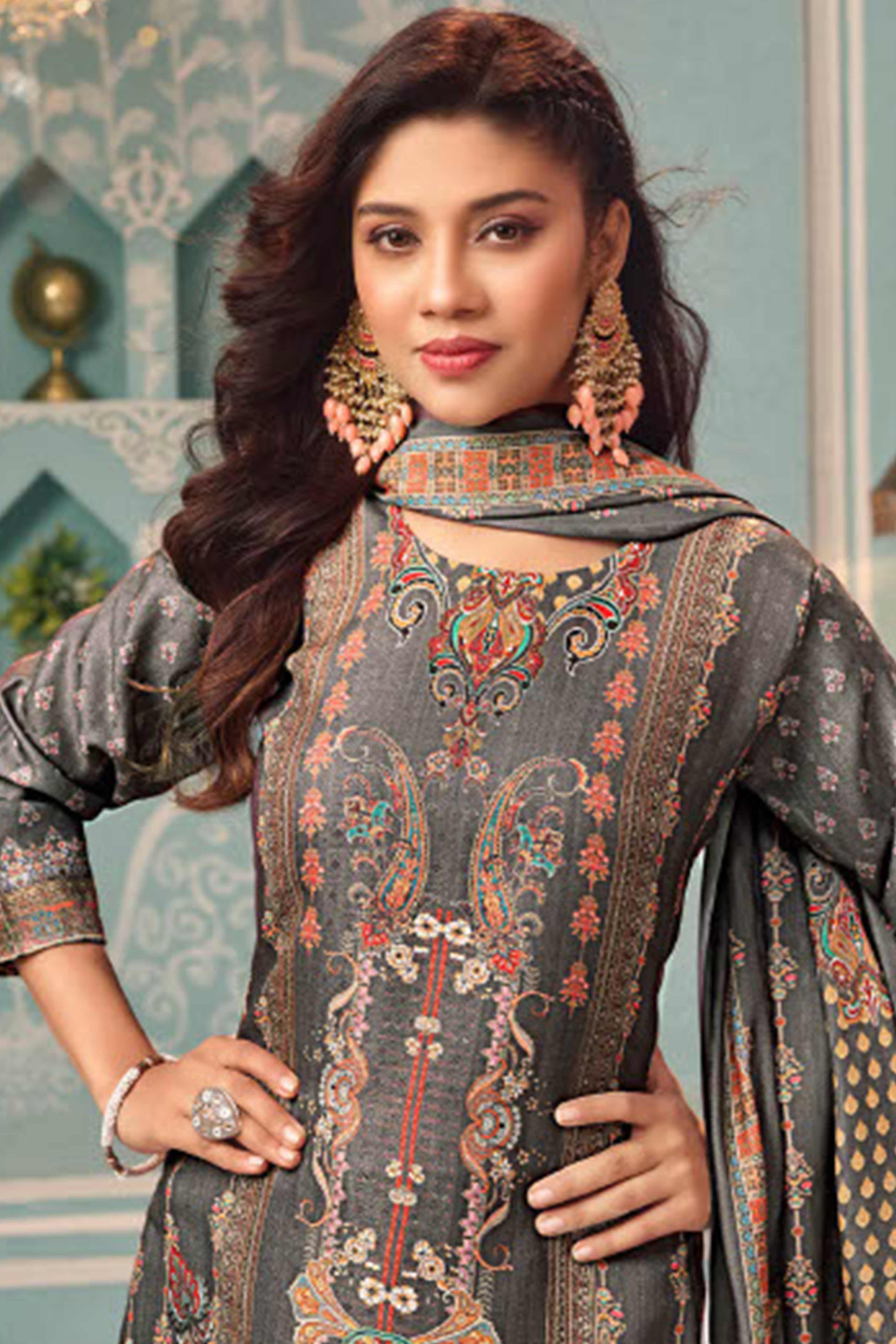 Grey Stylish Floral Printed Pashmina Dress Material for Graceful Winter Outfits