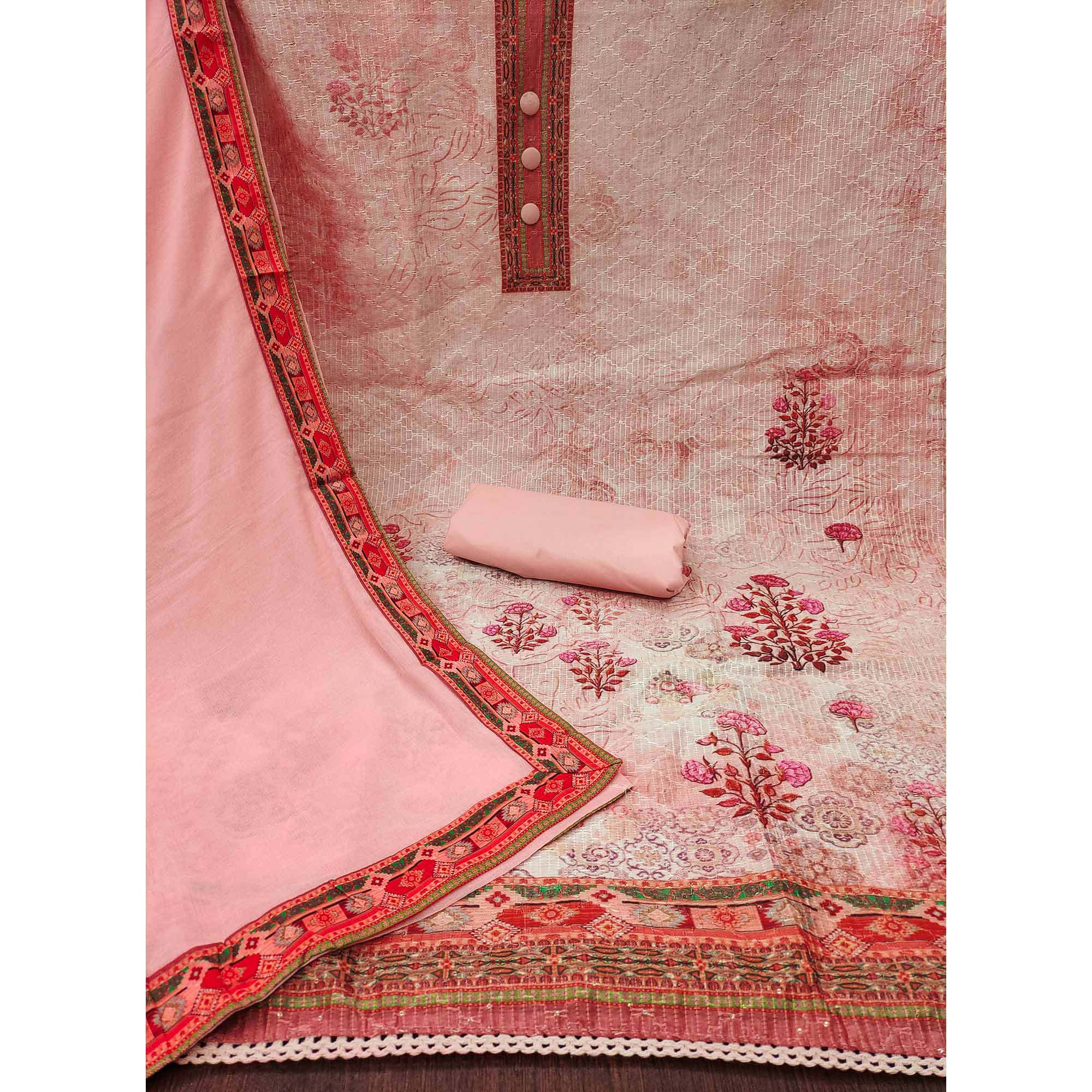 Peach Floral Printed Cotton Silk Dress Material