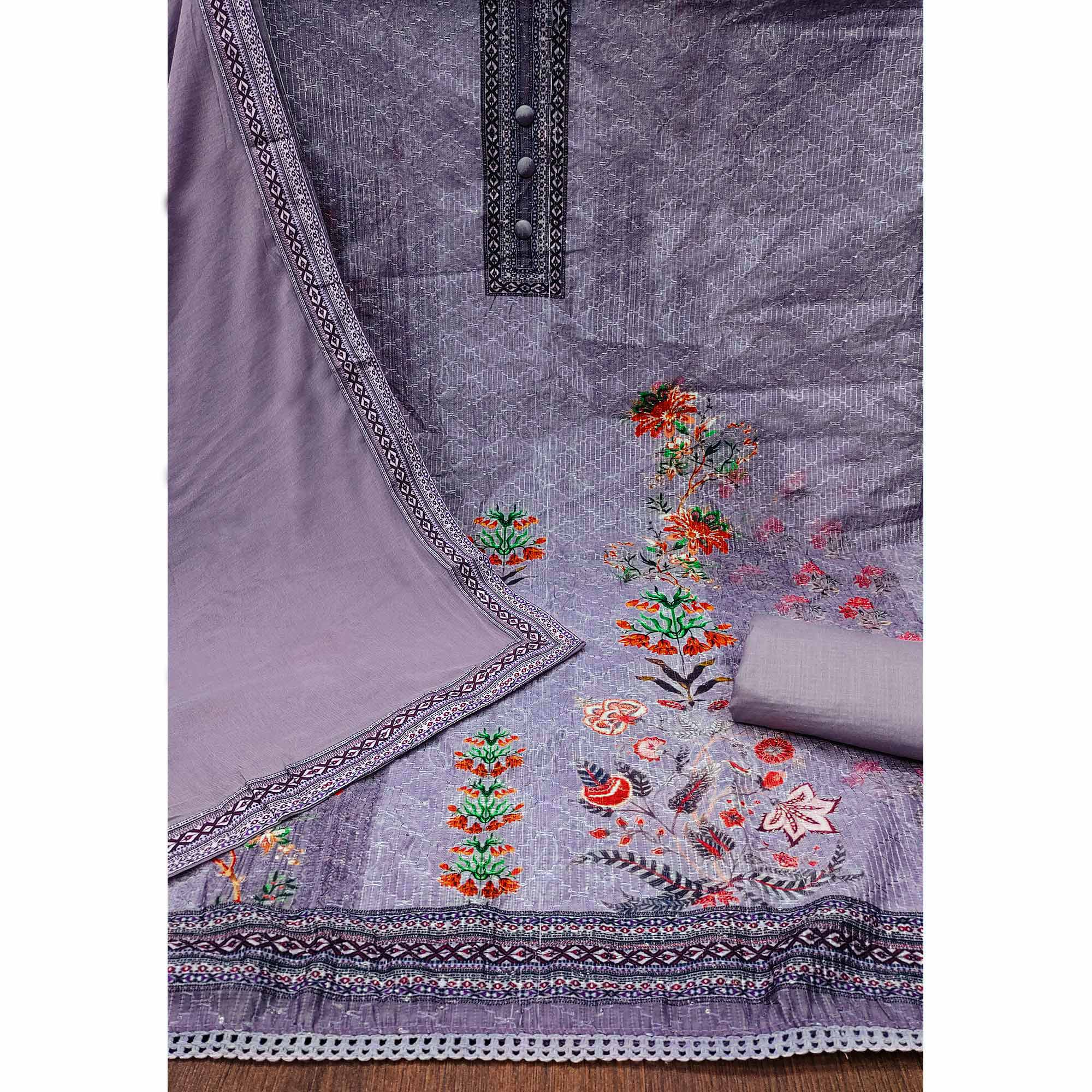 Purple Floral Printed Cotton Silk Dress Material