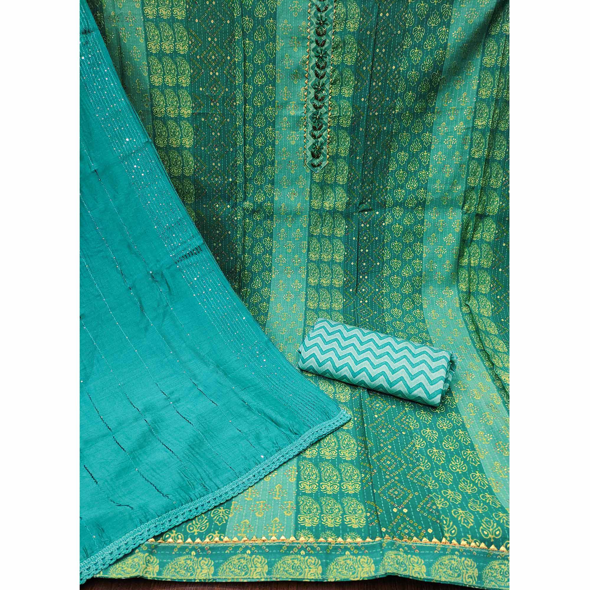 Turquoise Foil Printed Cotton Silk Dress Material