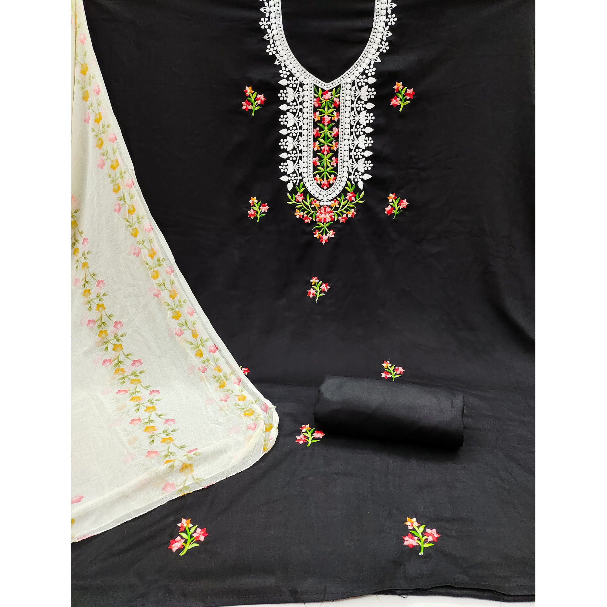 Black Floral Embroidered Pure Cotton Dress Material