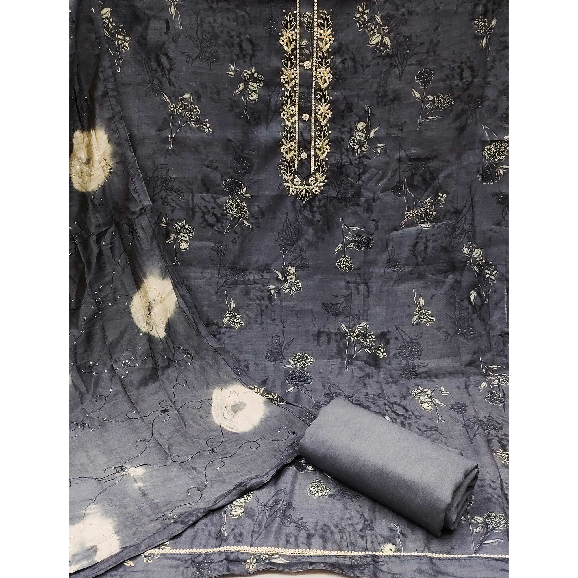 Grey Floral Printed Pure Cotton Dress Material