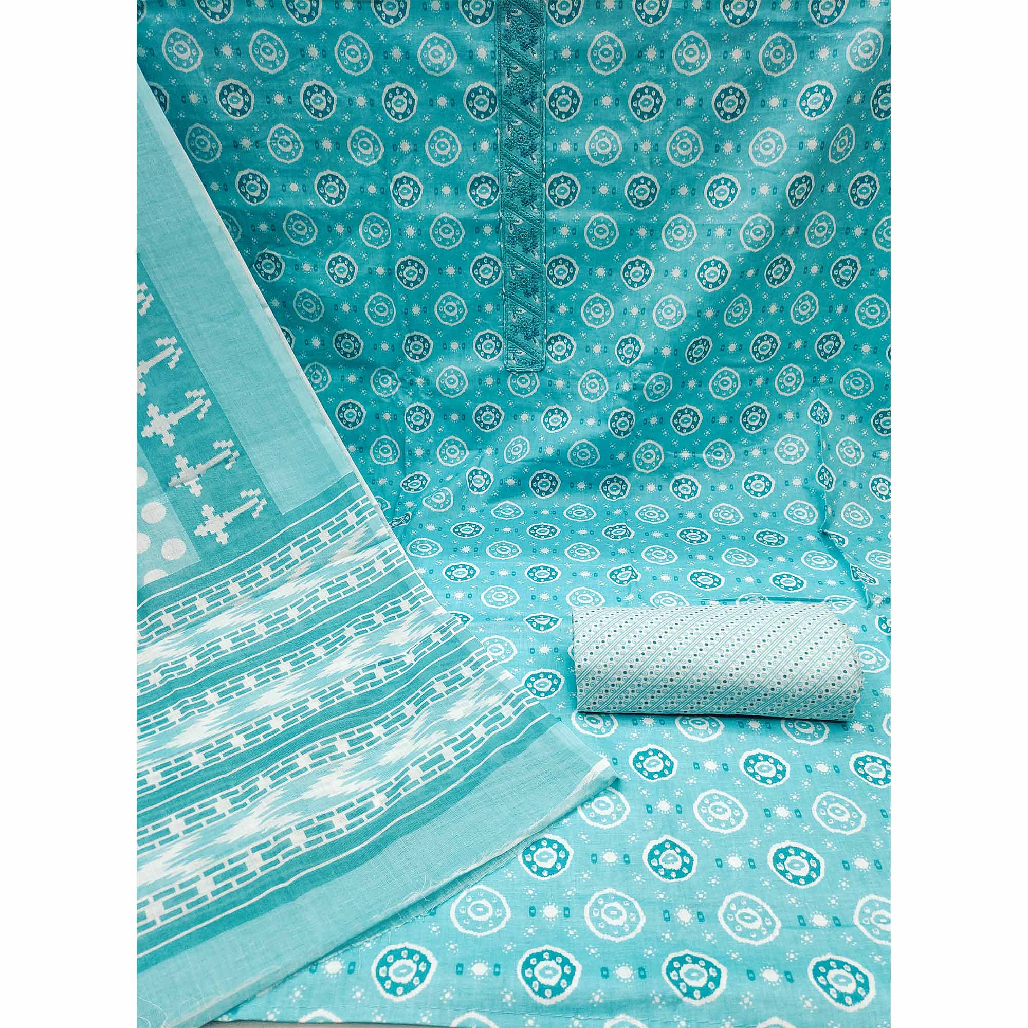 Turquoise Printed Pure Cotton Dress Material