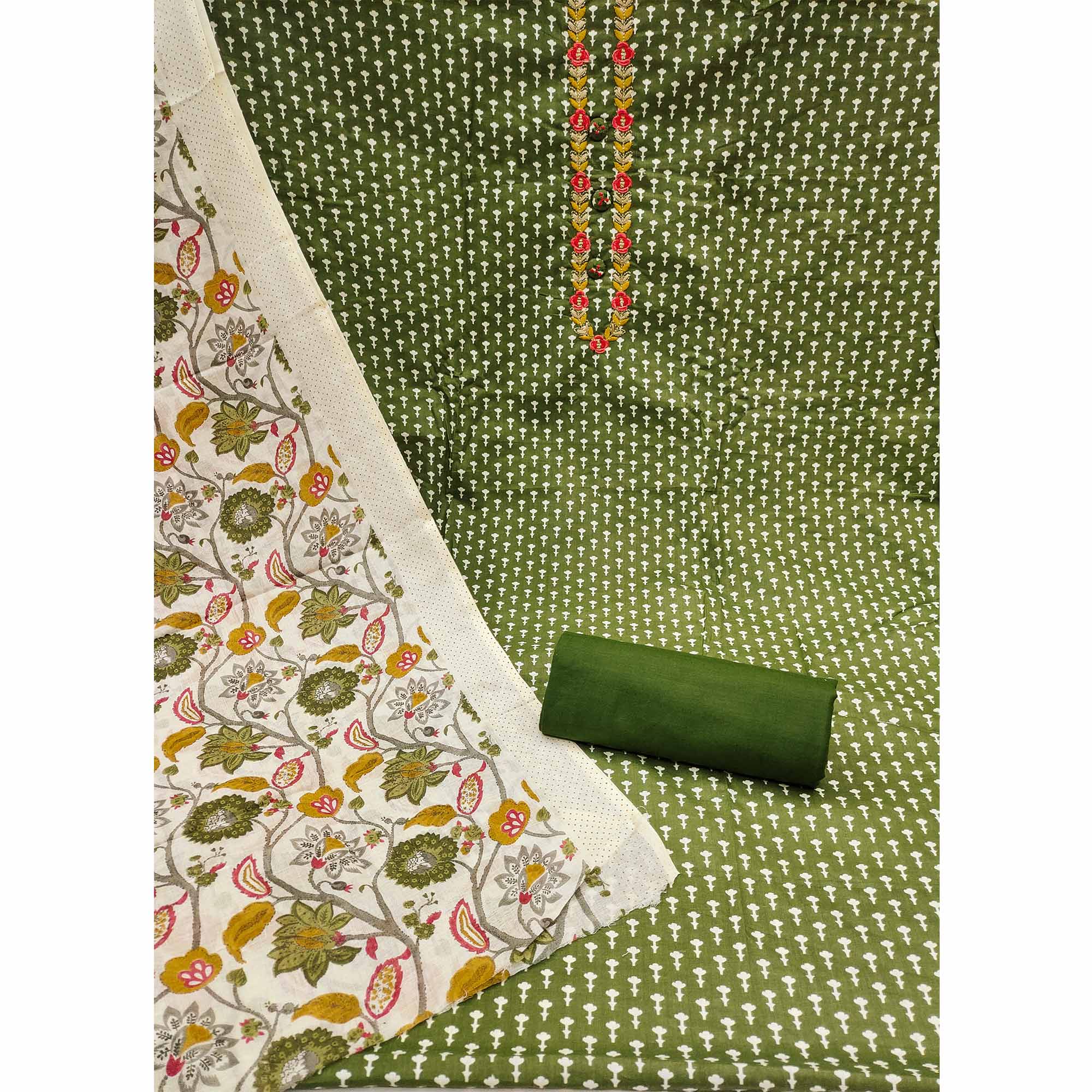 Mehandi Green Floral Printed Pure Cotton Dress Material