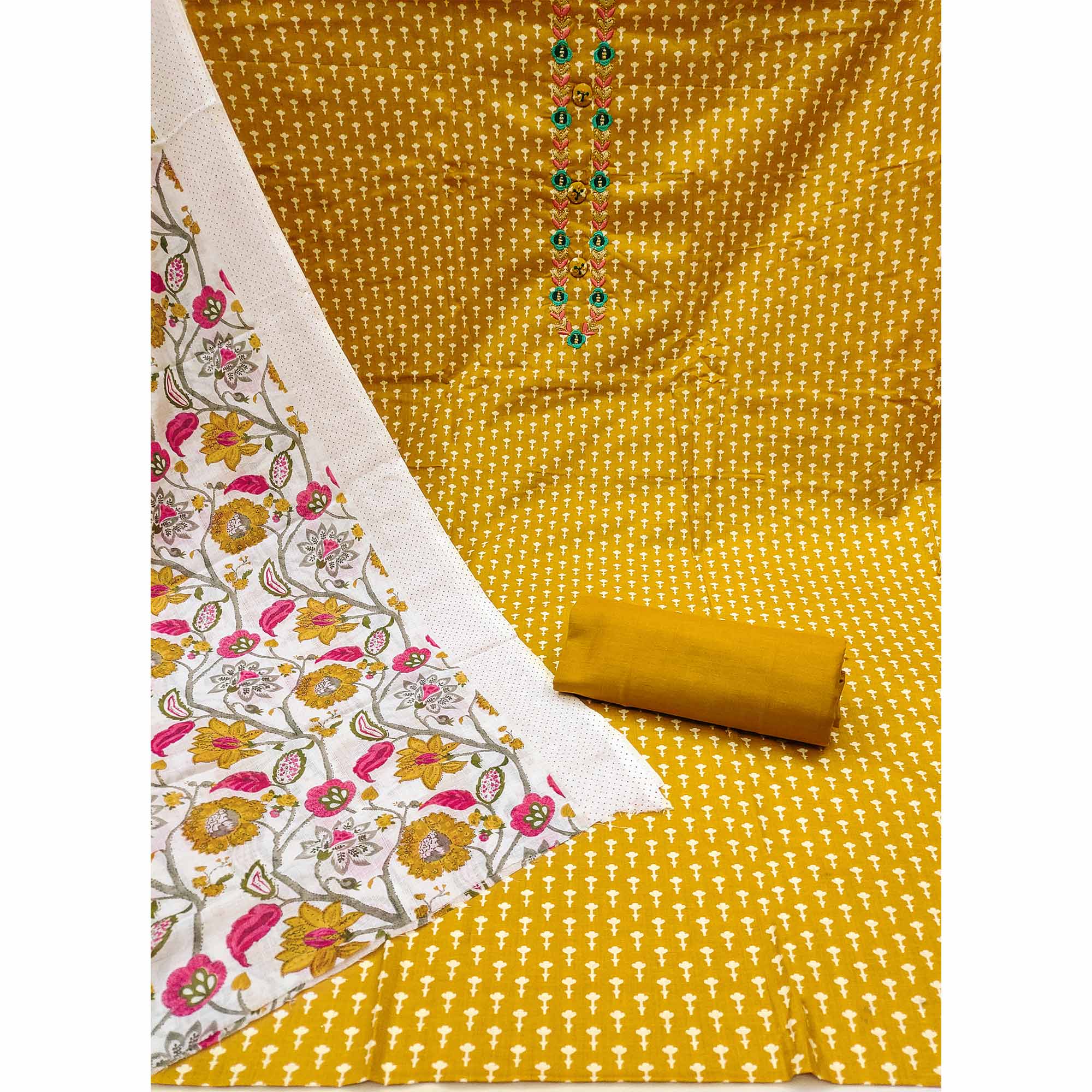 Mustard Floral Printed Pure Cotton Dress Material