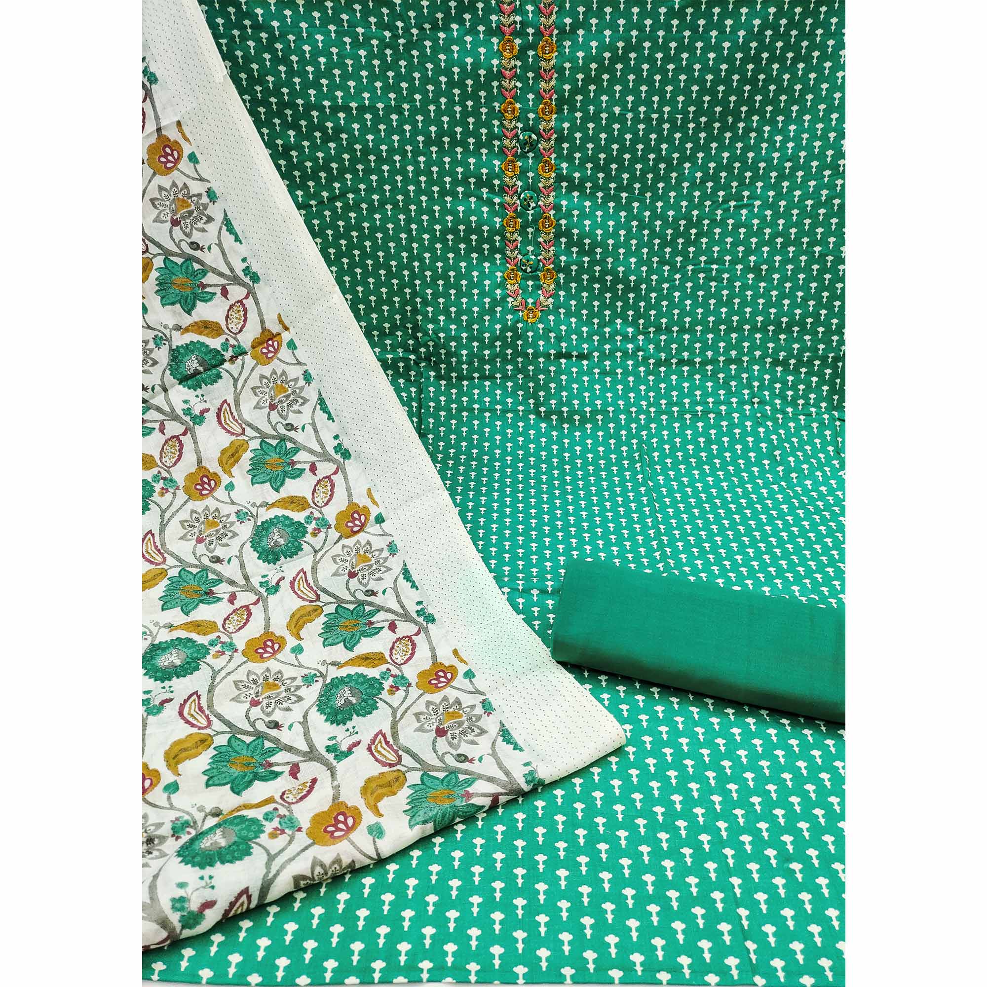 Rama Green Floral Printed Pure Cotton Dress Material