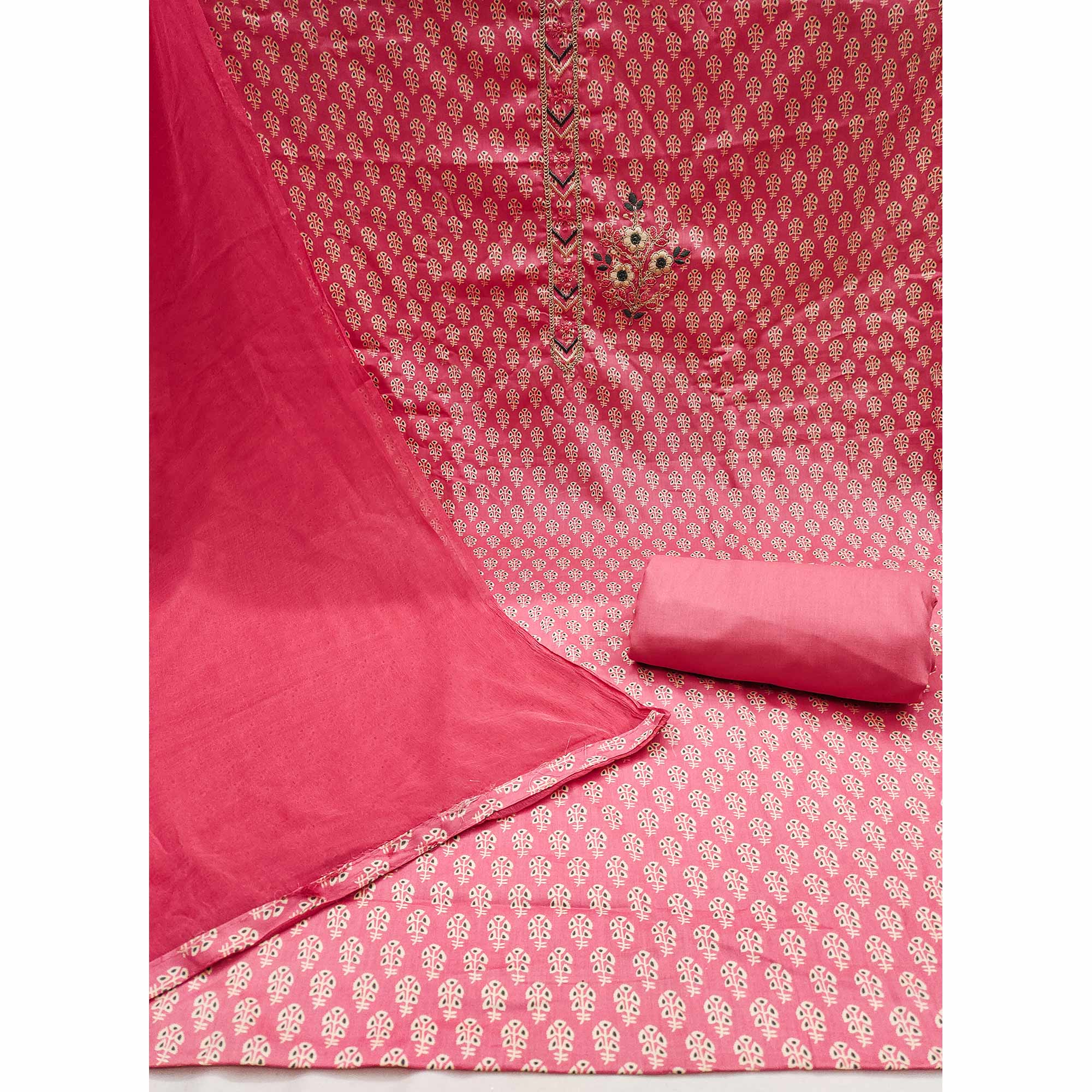 Pink Floral Printed With Embroidery Cotton Dress Material