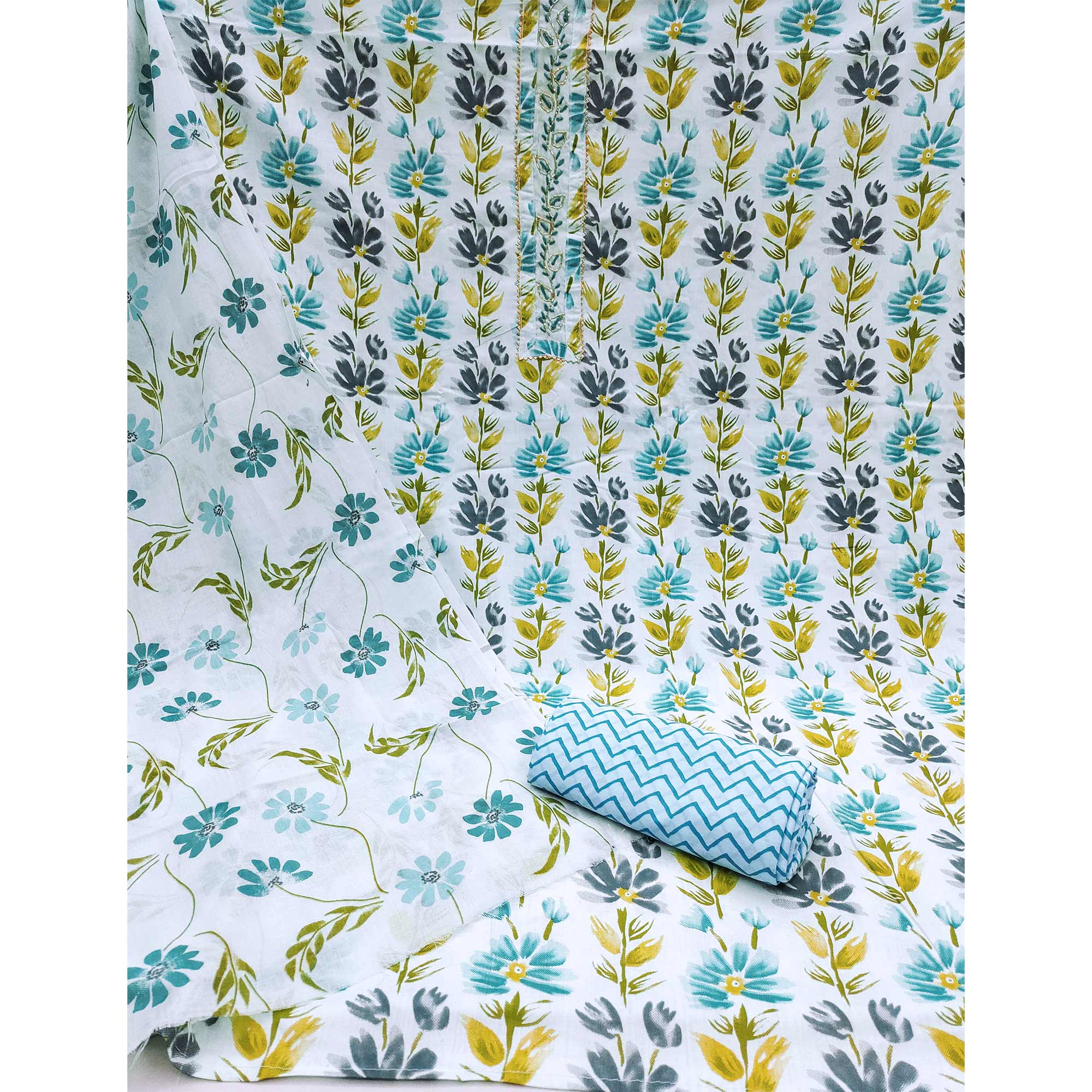 Blue Floral Printed With Handwork Pure Cotton Dress Material