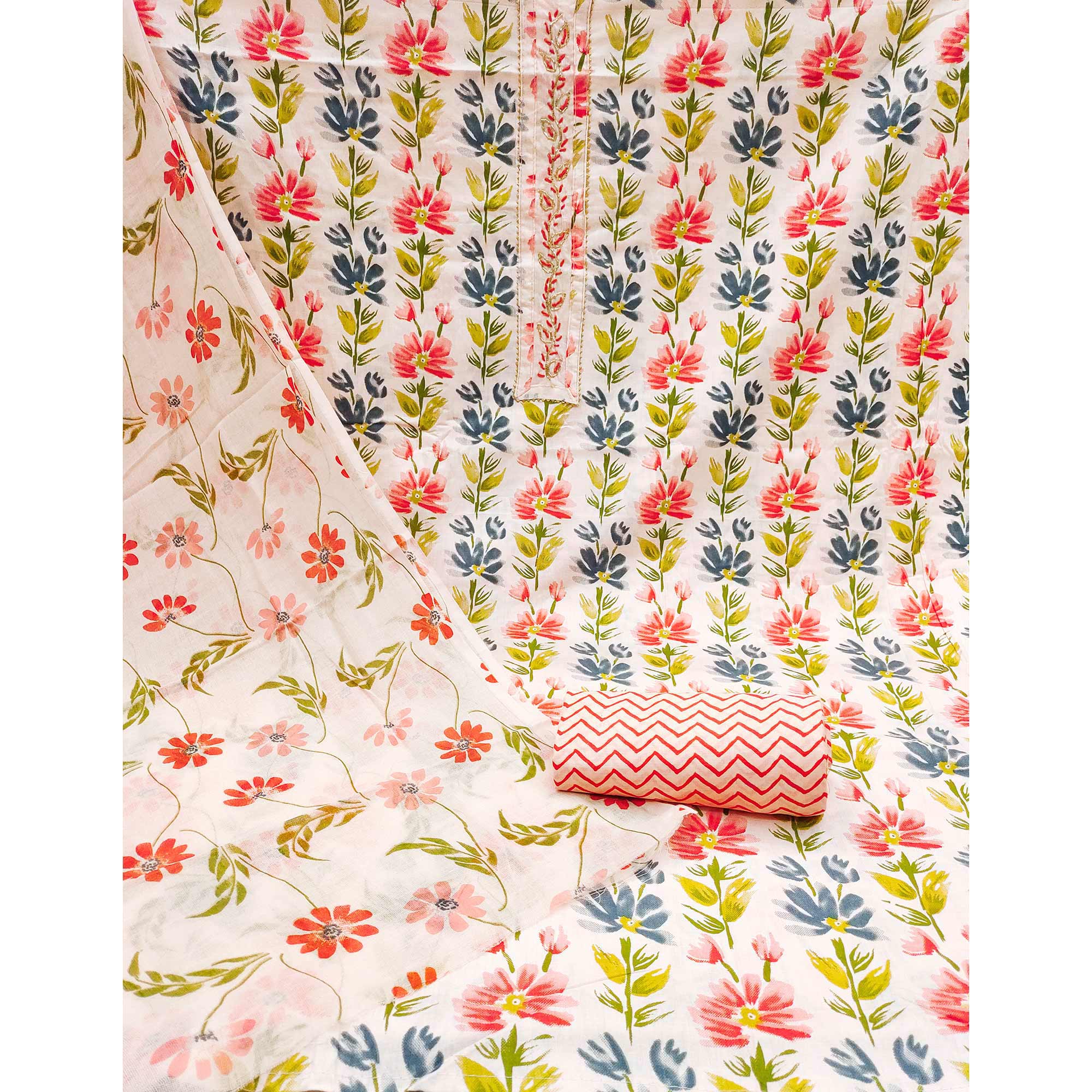 Red Floral Printed With Handwork Pure Cotton Dress Material