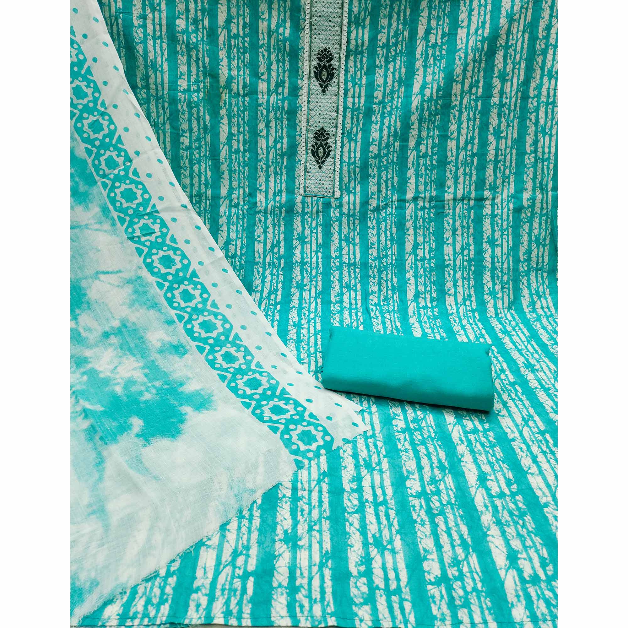 Turquoise Printed Pure Cotton Dress Material