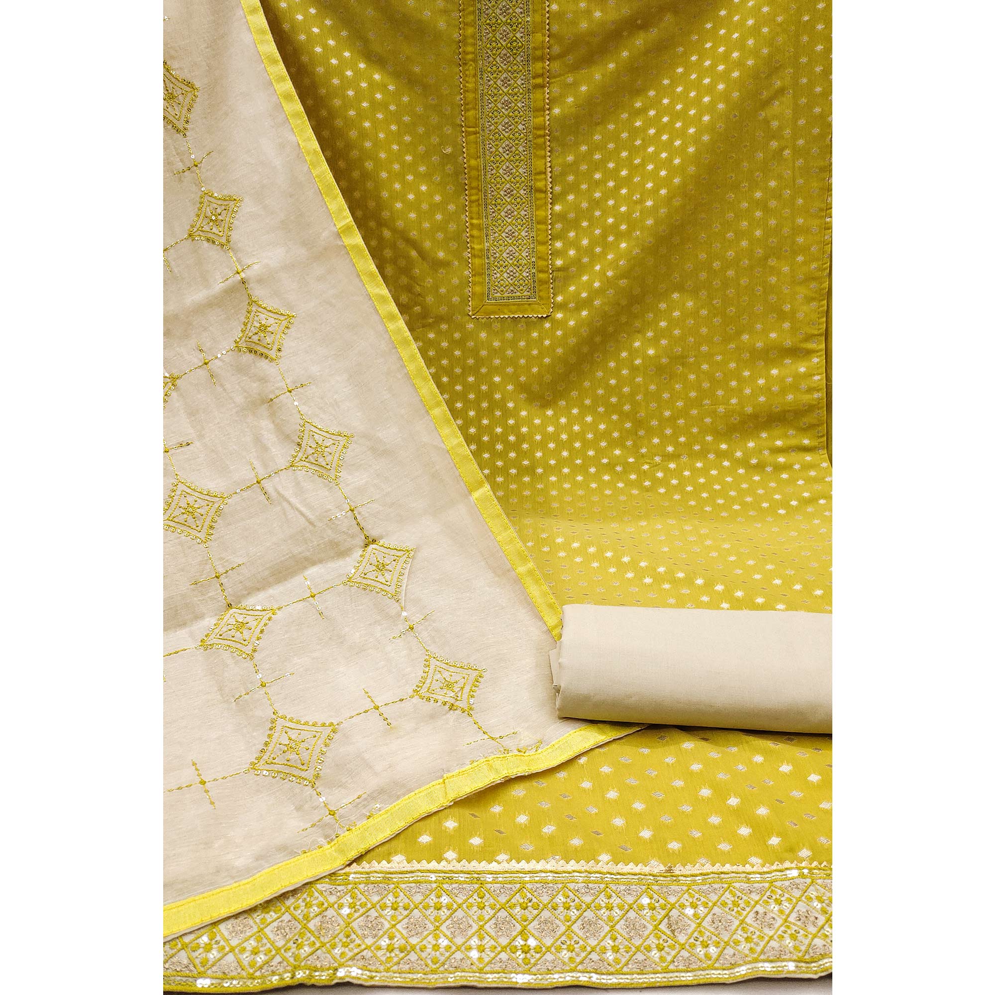 Olive Butti Work Woven Chanderi Silk Dress Material