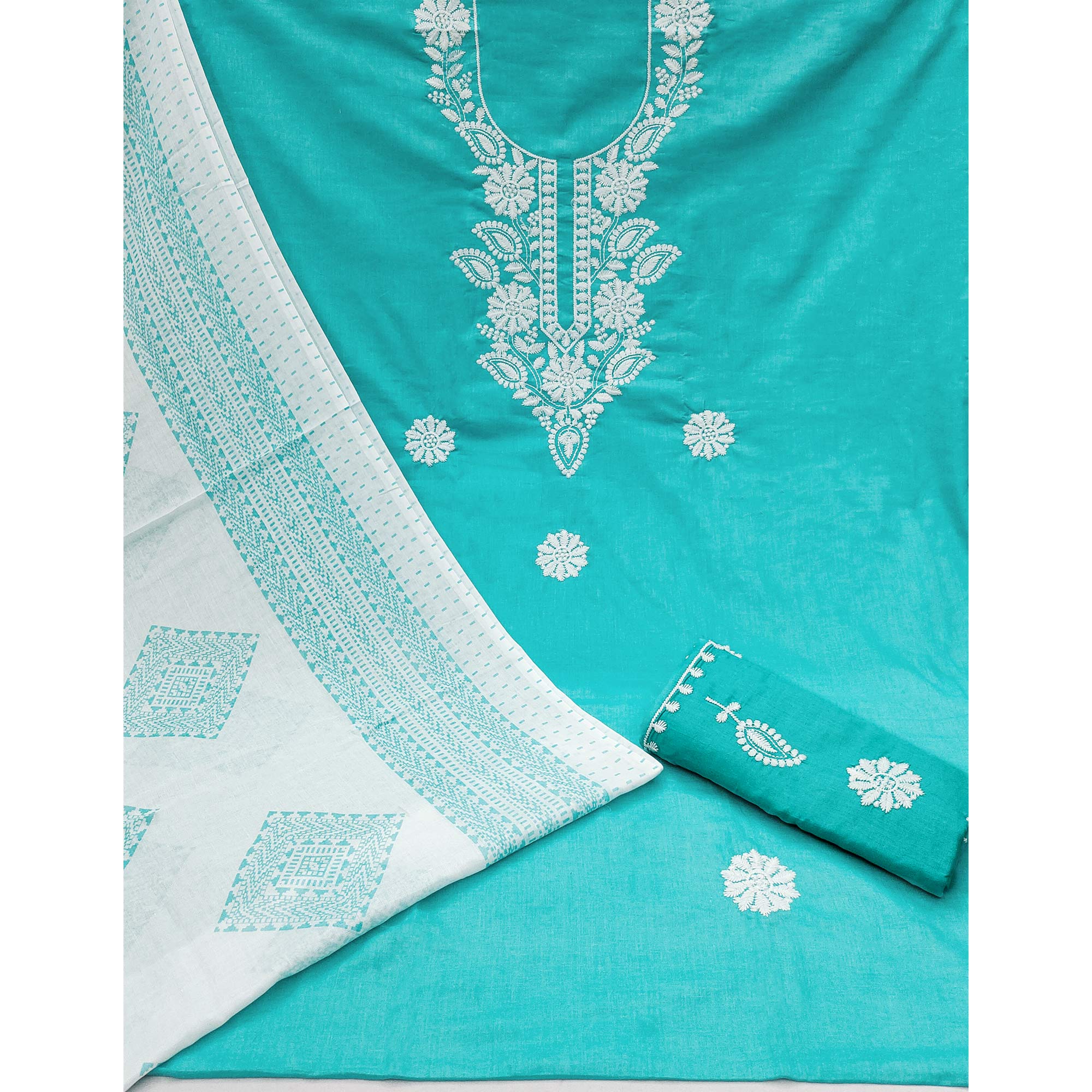 Rama Blue Floral Embroidered Pure Cotton Dress Material