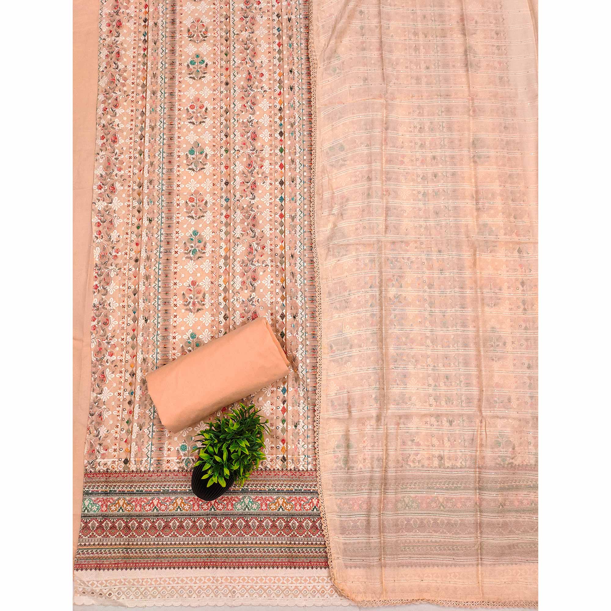 Peach Floral Print Cotton Suit Material with Detailed Handwork Embroidery