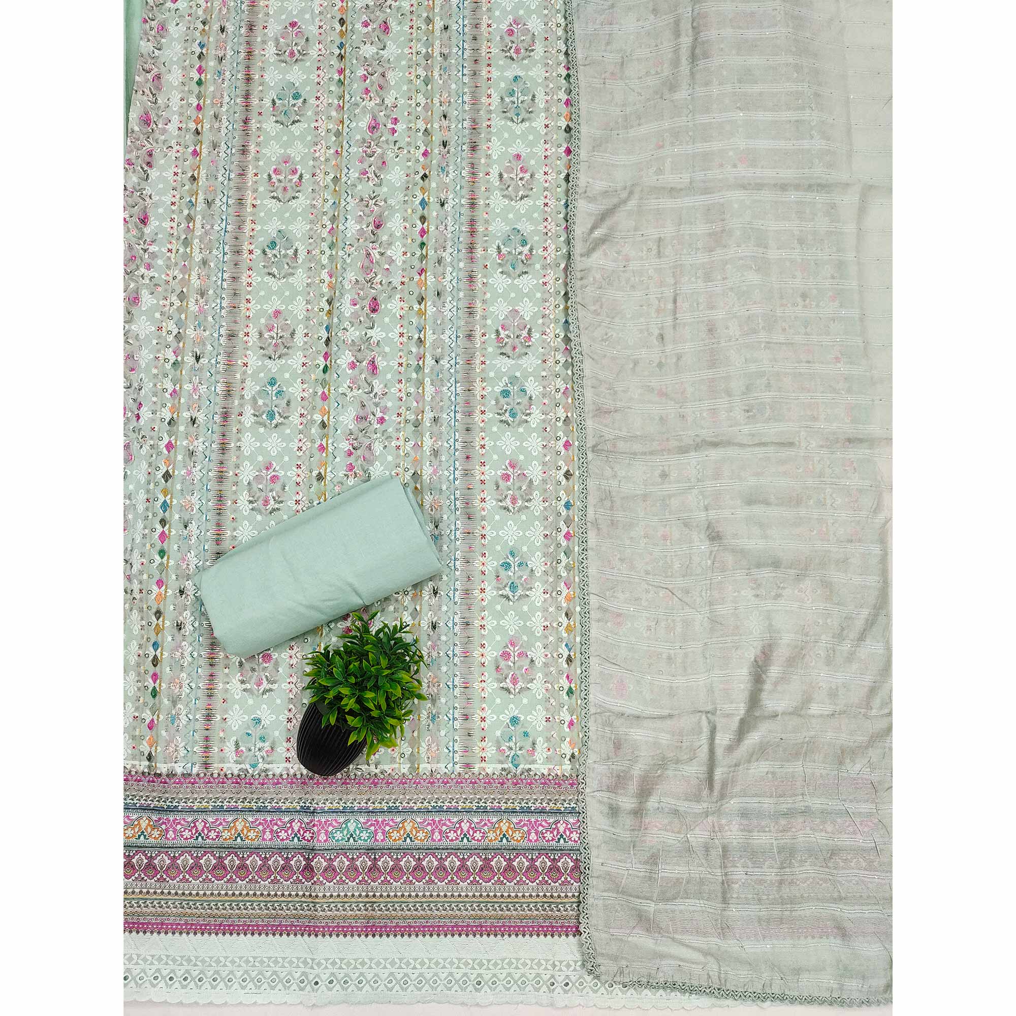 Sea Green Floral Print Cotton Suit Material with Detailed Handwork Embroidery