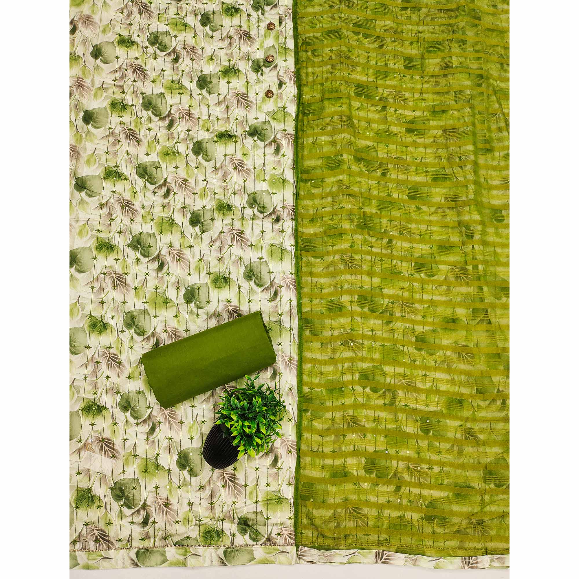 Cream Green Printed Cotton Blend Dress Material with Embroidery