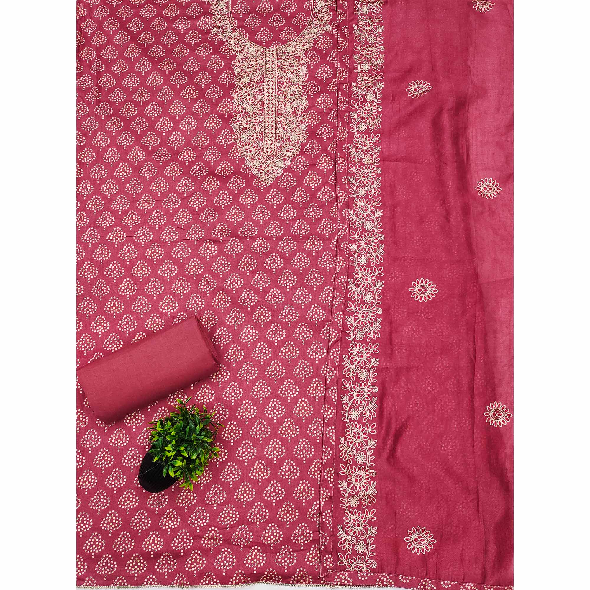 Pink Bandhani Print Cotton Dress Material Accented with Embroidered Neckline
