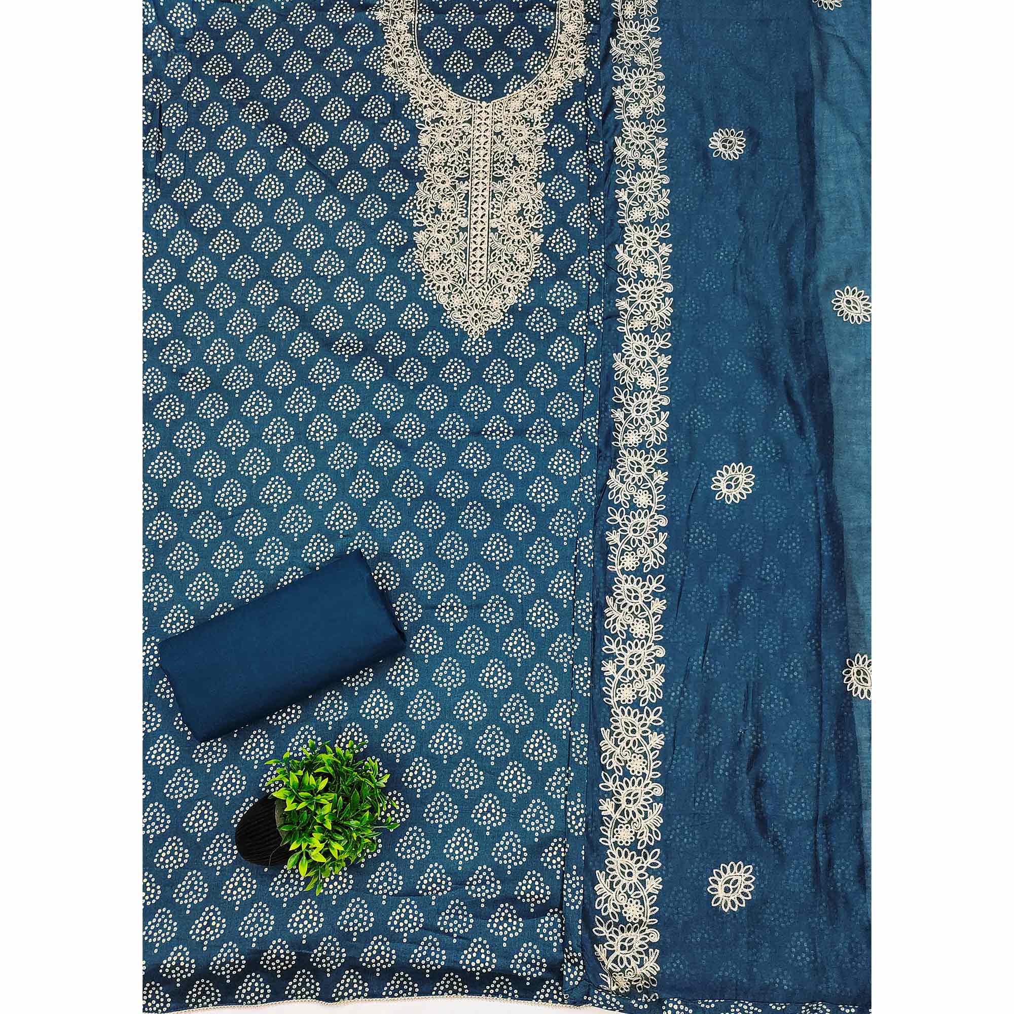 Teal Bandhani Print Cotton Dress Material Accented with Embroidered Neckline