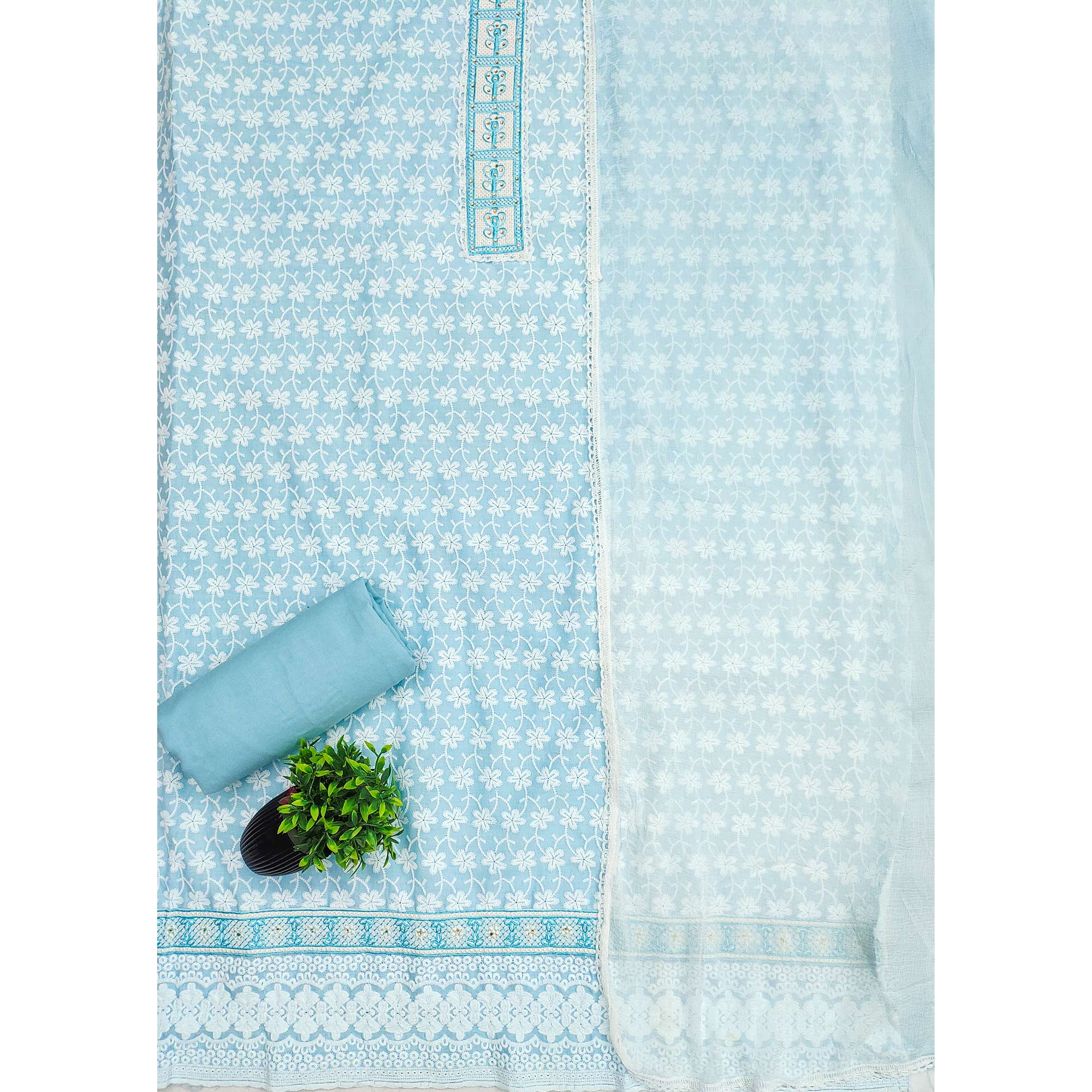 Blue Floral Chikankari Embroidered With Stone Work Dress Material In Premium Cotton Blend