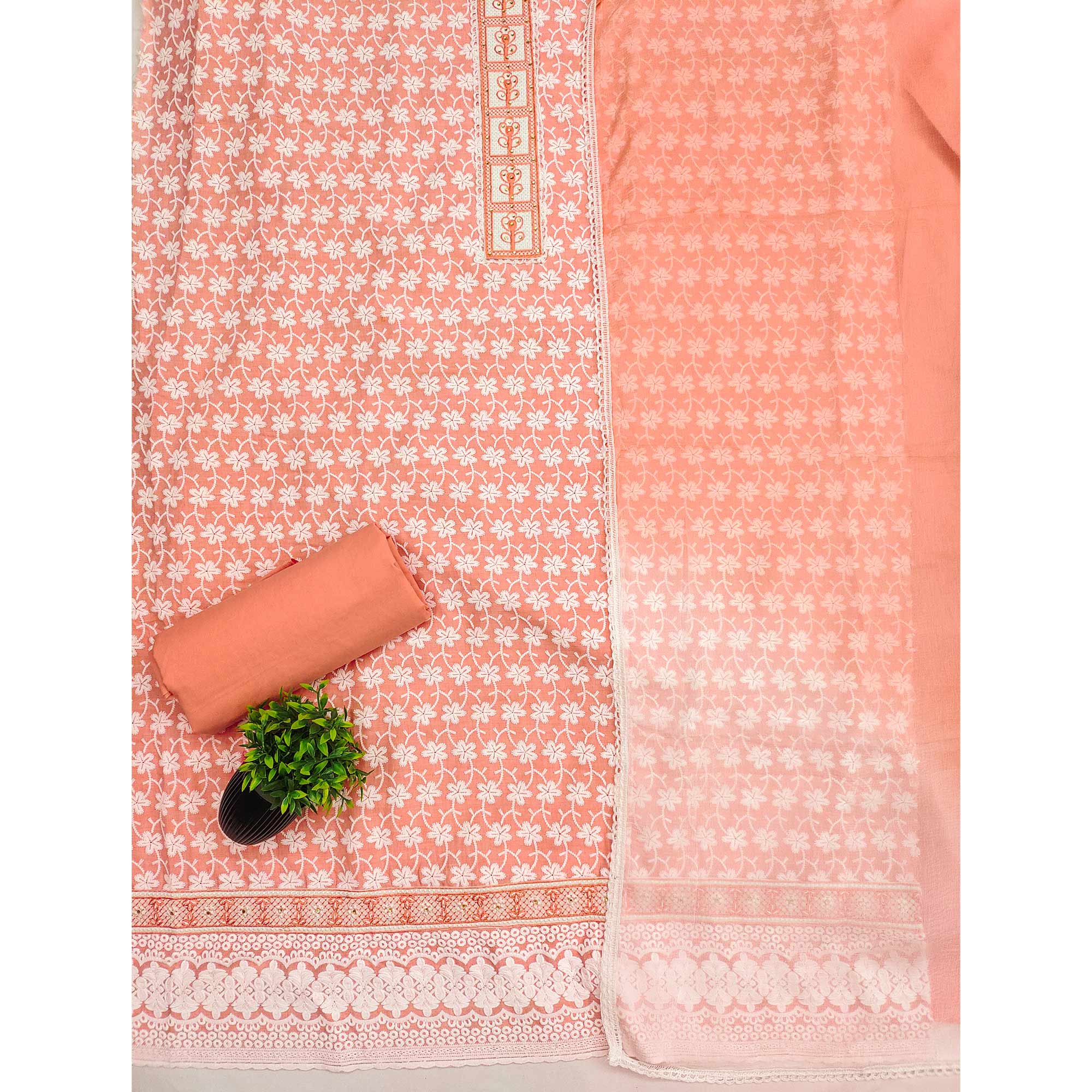 Peach Floral Chikankari Embroidered With Stone Work Dress Material In Premium Cotton Blend