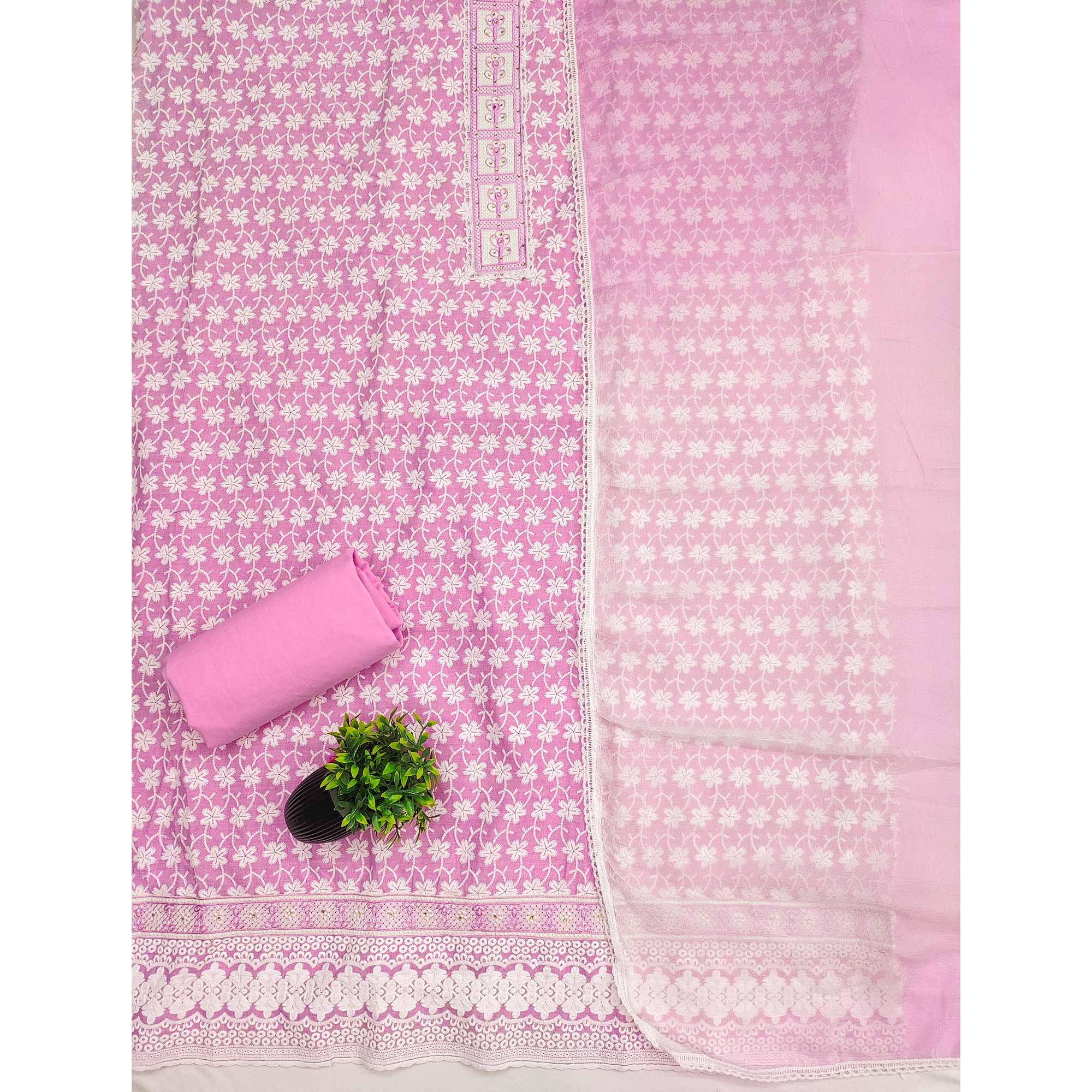 Pink Floral Chikankari Embroidered With Stone Work Dress Material In Premium Cotton Blend