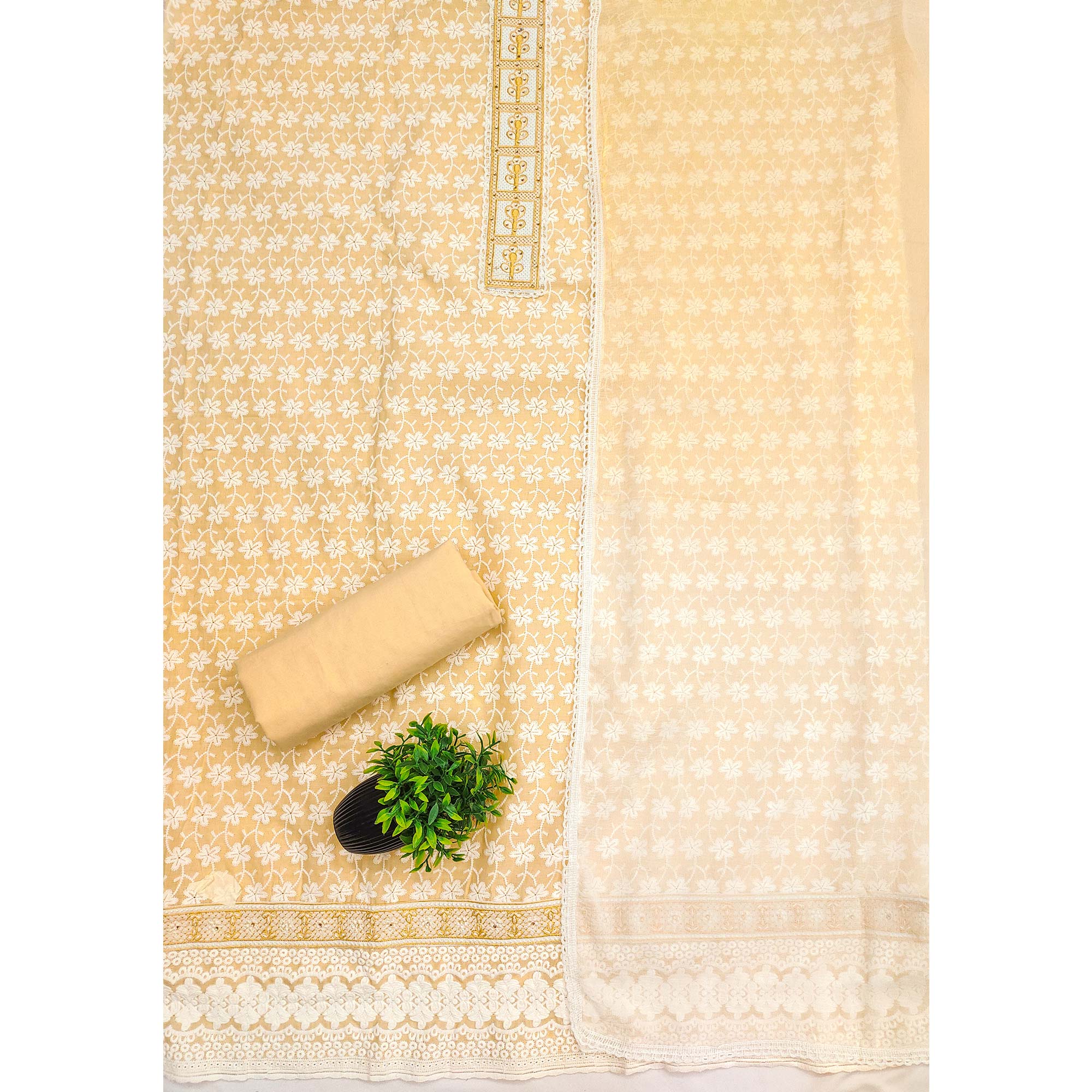 Yellow Floral Chikankari Embroidered With Stone Work Dress Material In Premium Cotton Blend