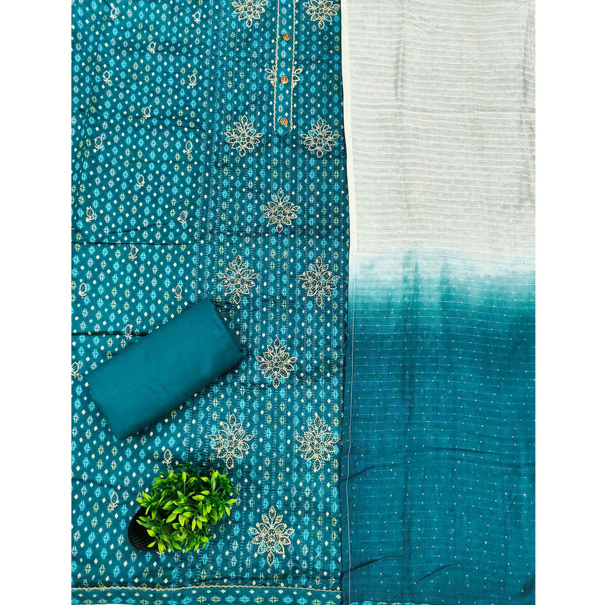 Teal Cotton Blend Dress Material Adorned With Exquisite Floral Embroidery & Sparkling Stonework