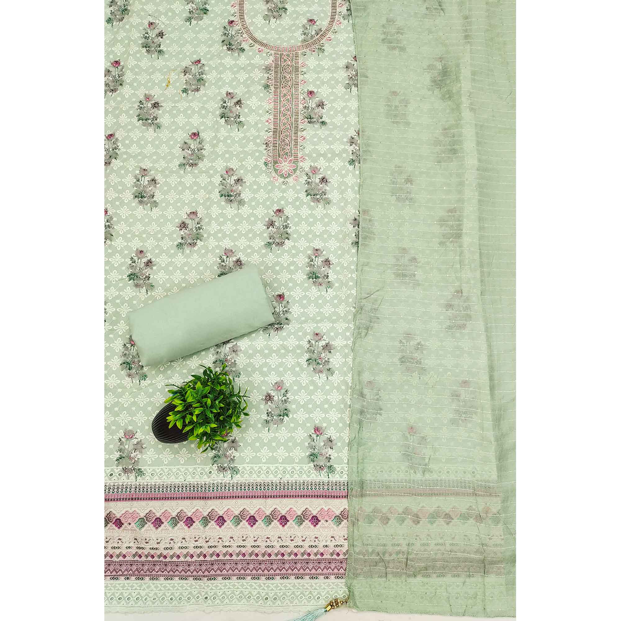 Green Pure Cotton Dress Material Featuring Elegant Floral Embroidery With Shimmering Sequins