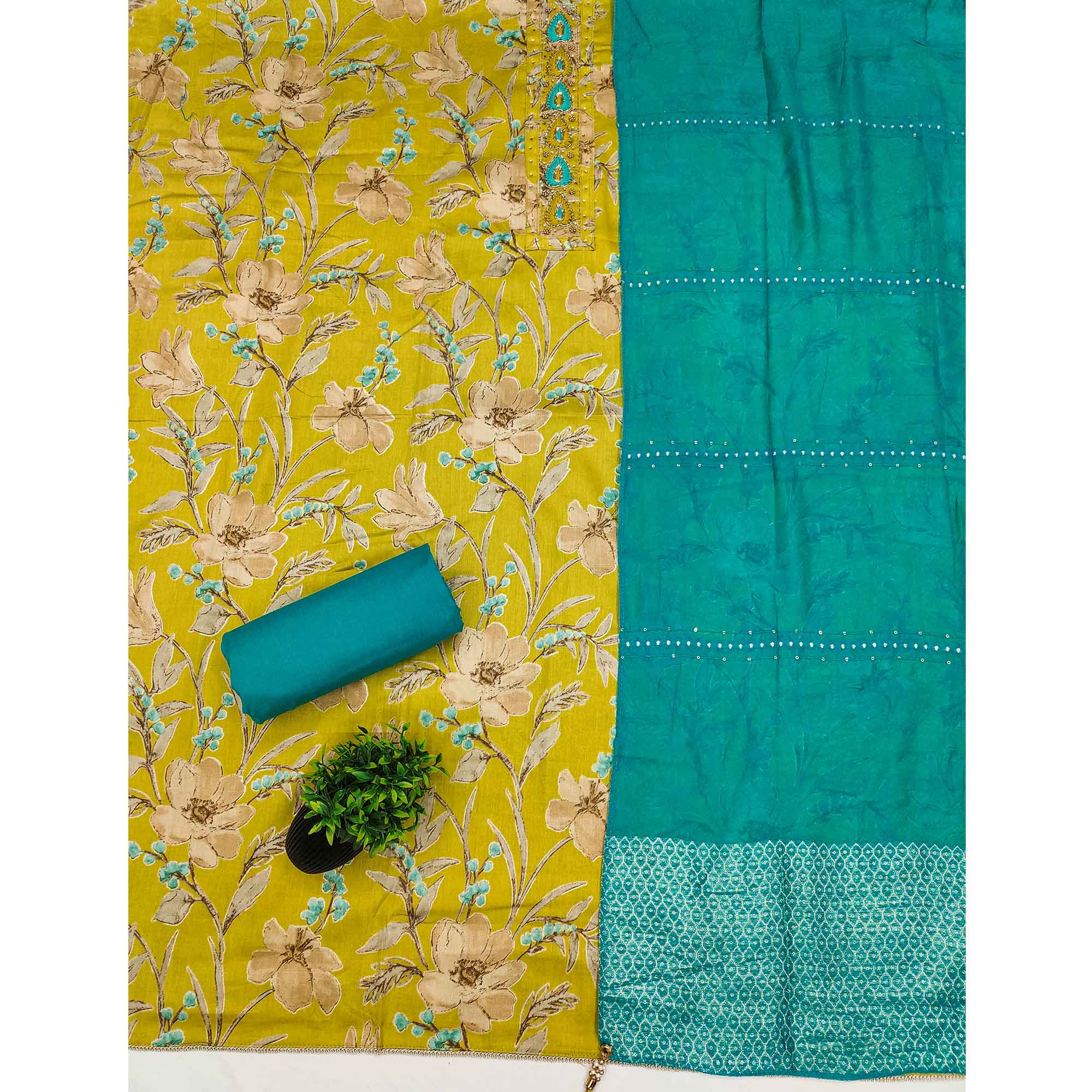 Lemon Yellow Pure Cotton Dress Material With Floral Print & Delicate Neck Hand Embroidery