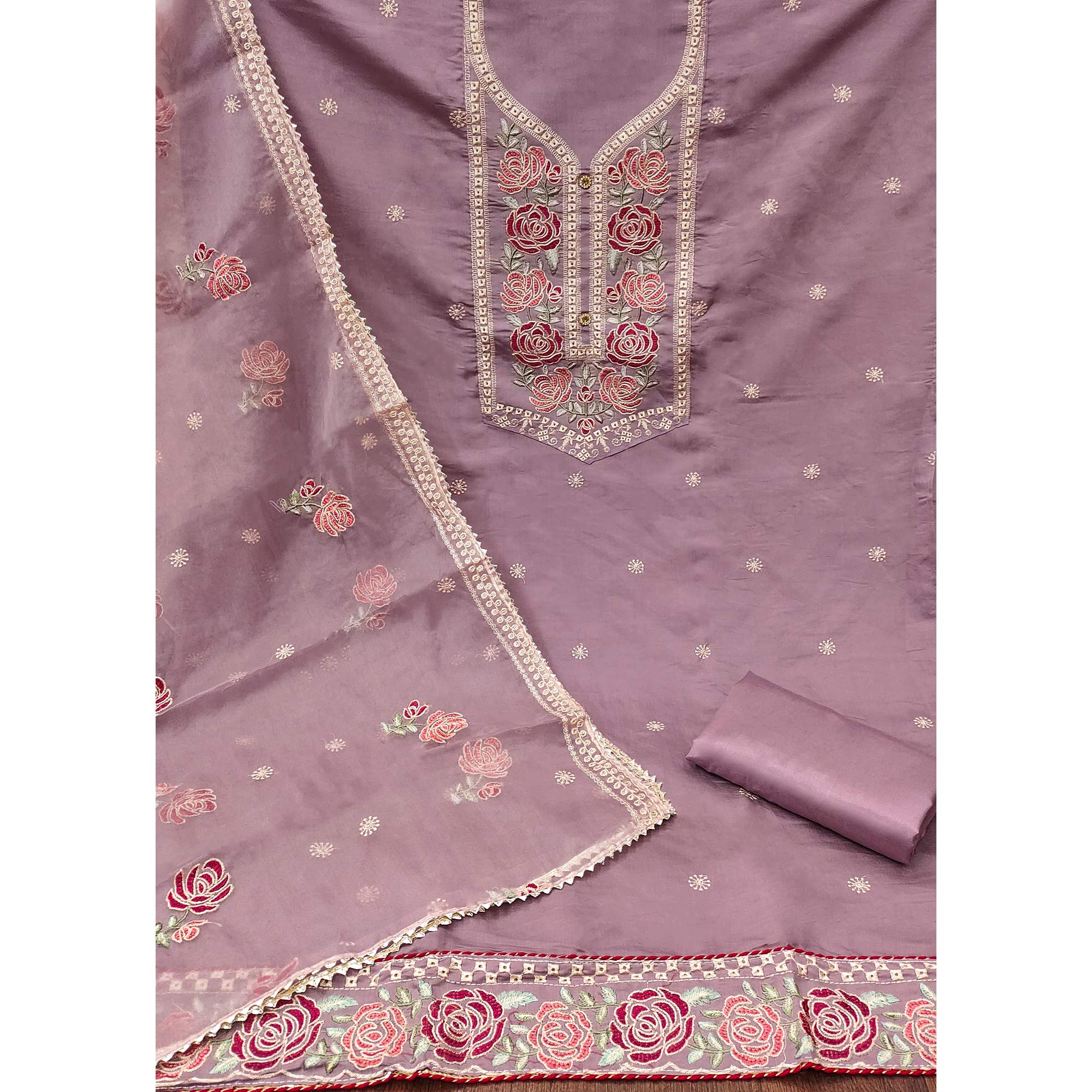 Mauve Floral Embroidered Cotton Blend Dress Material