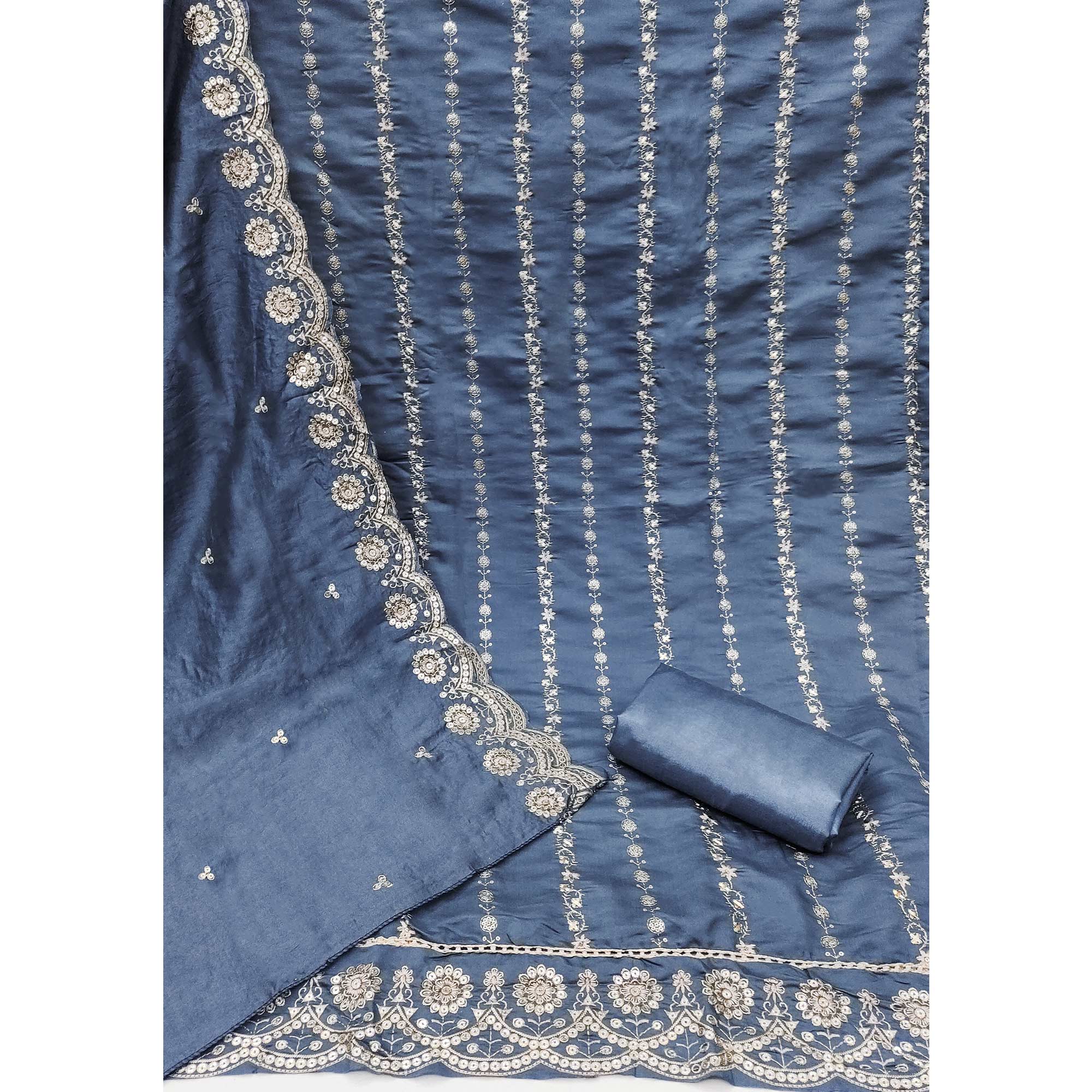 Blue Embroidered Pure Cotton Dress Material