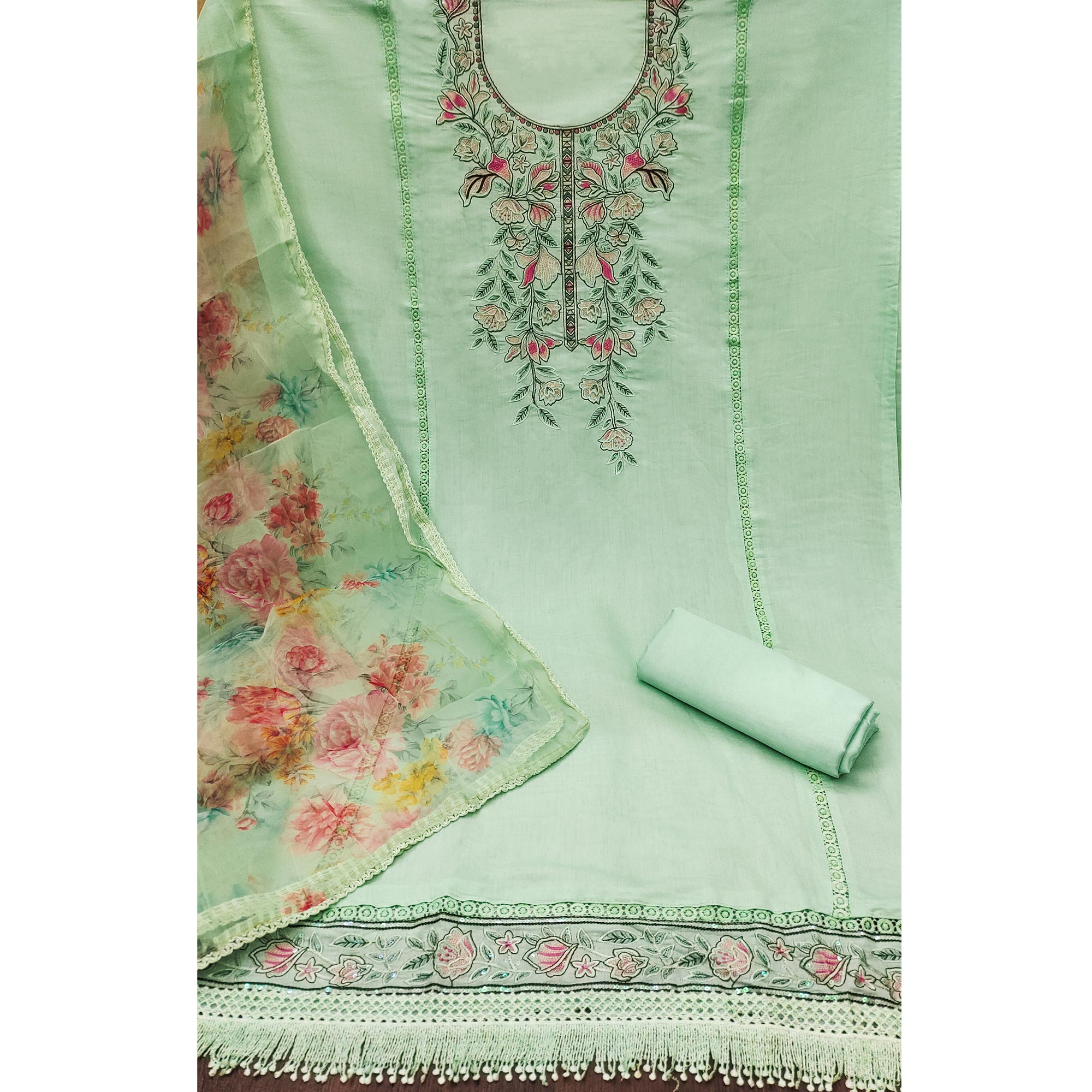 Sea Green Floral Sequins Embroidered Cotton Silk Dress Material