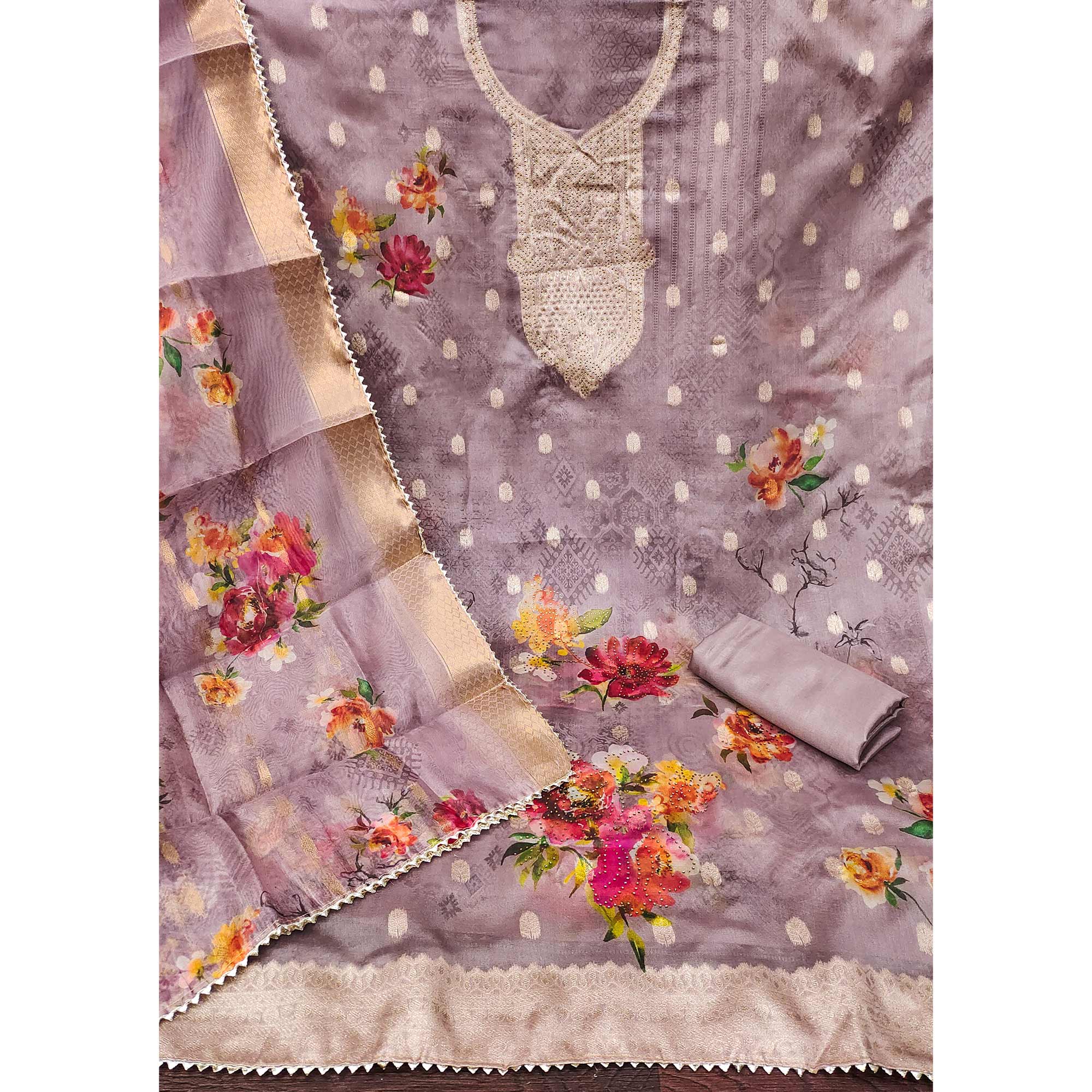 Purple Floral Woven With Stonework Organza Dress Material