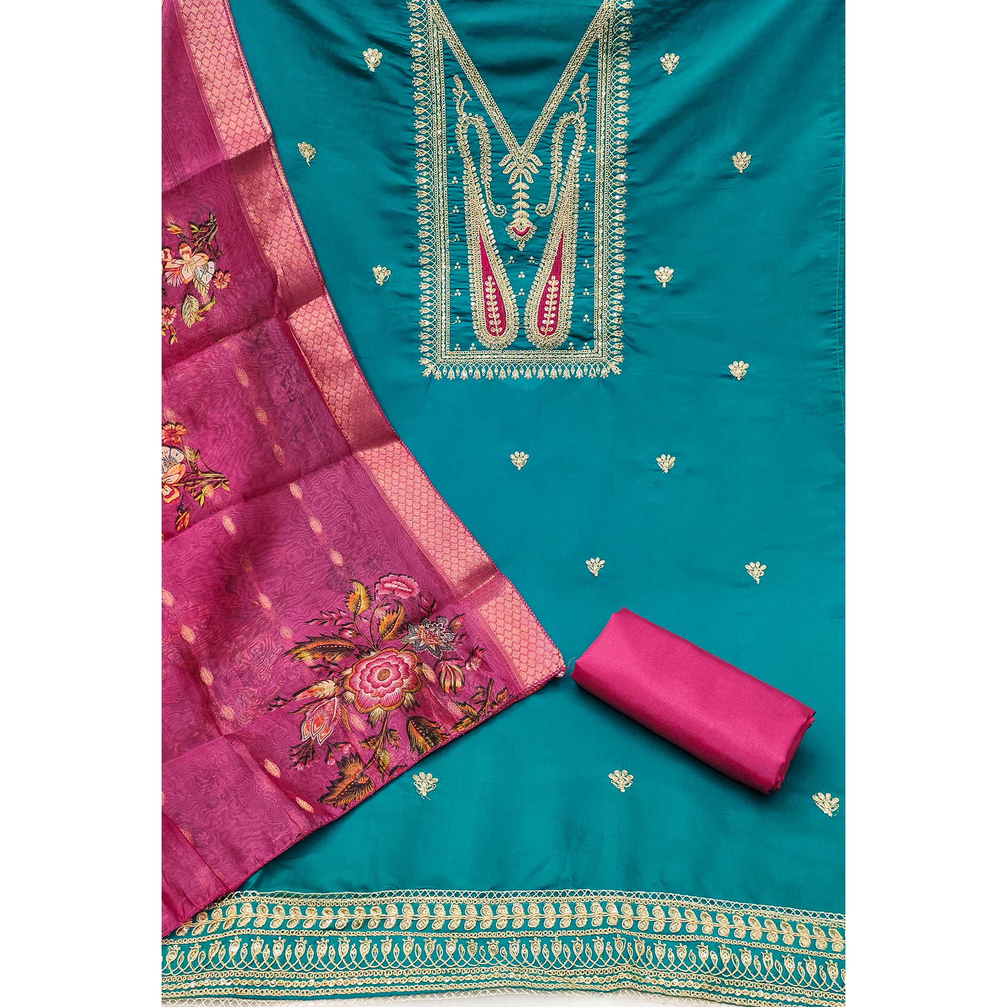 Rama Blue Floral Sequins Embroidered Roman Cotton Silk Dress Material