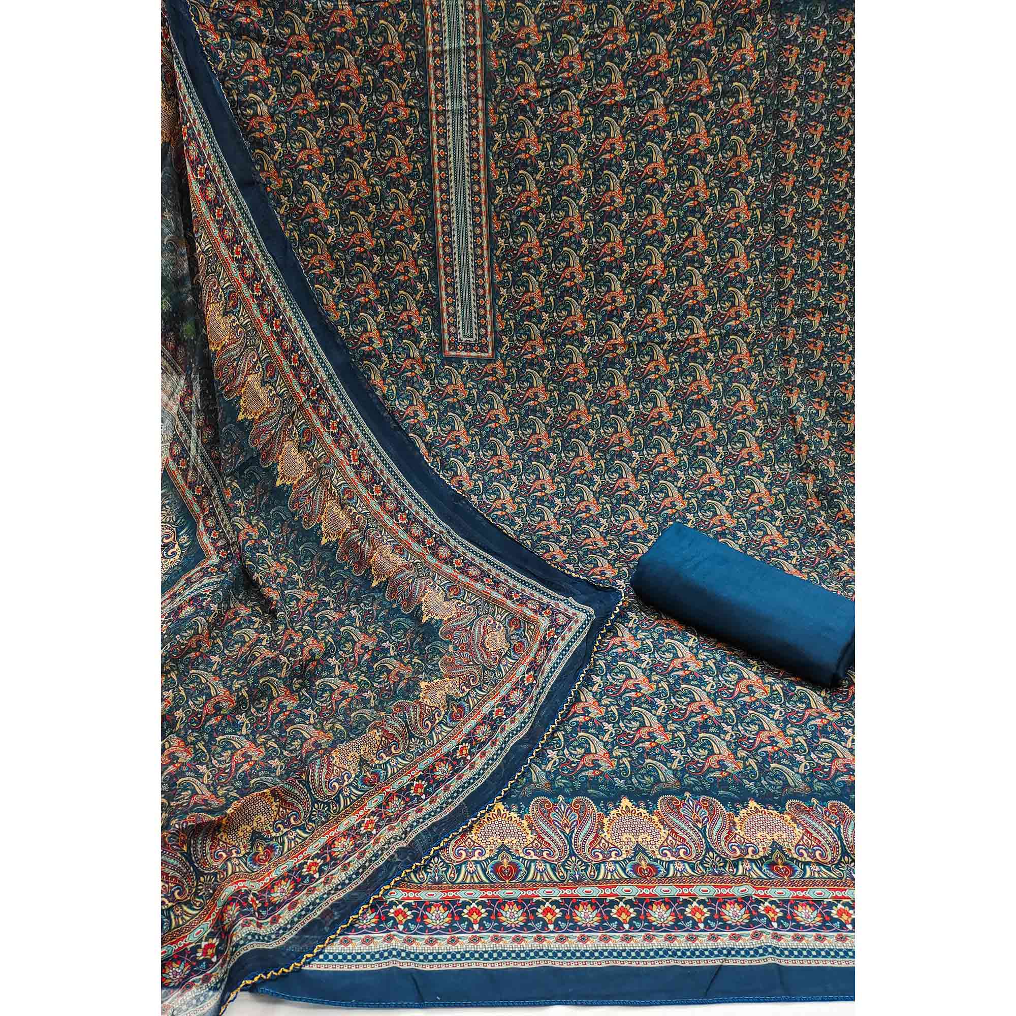 Blue Floral Digital Printed Cotton Blend Dress Material