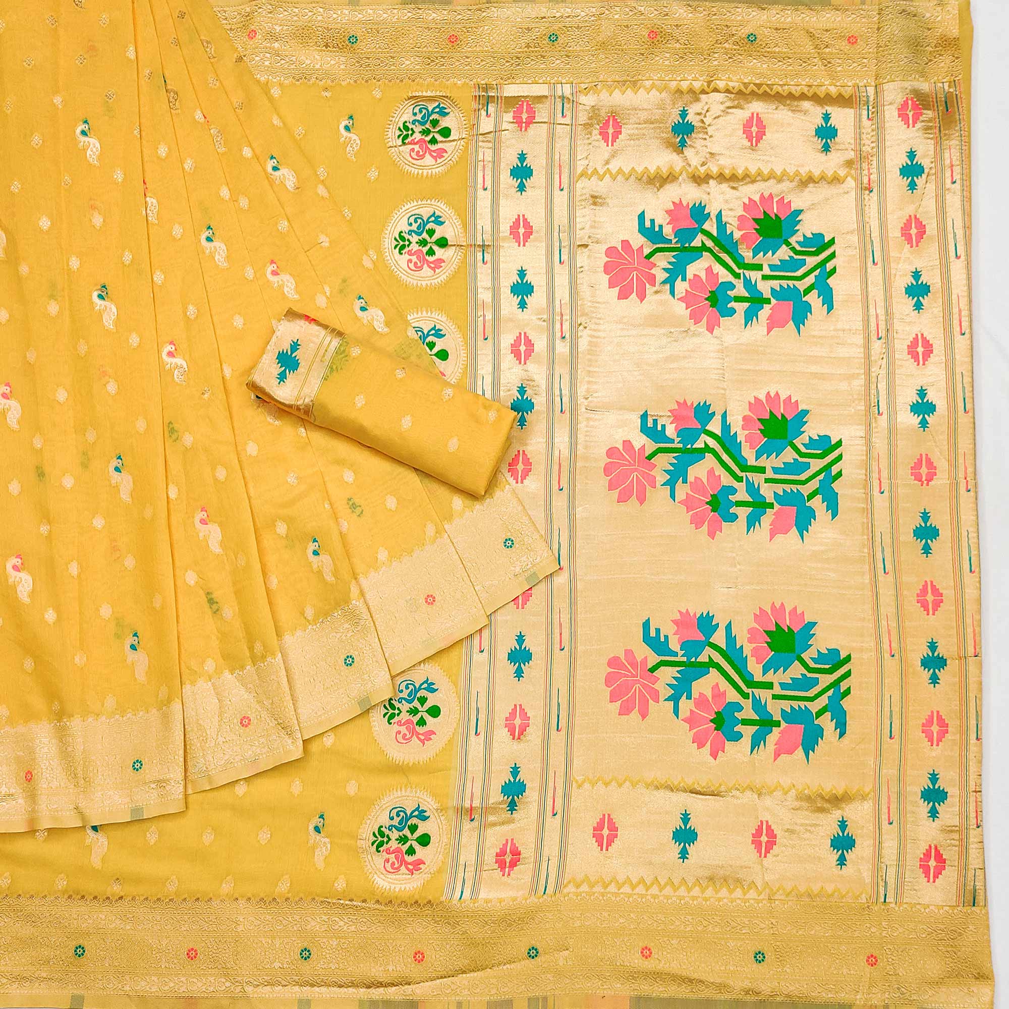 Yellow Woven Pure Cotton Paithani Saree