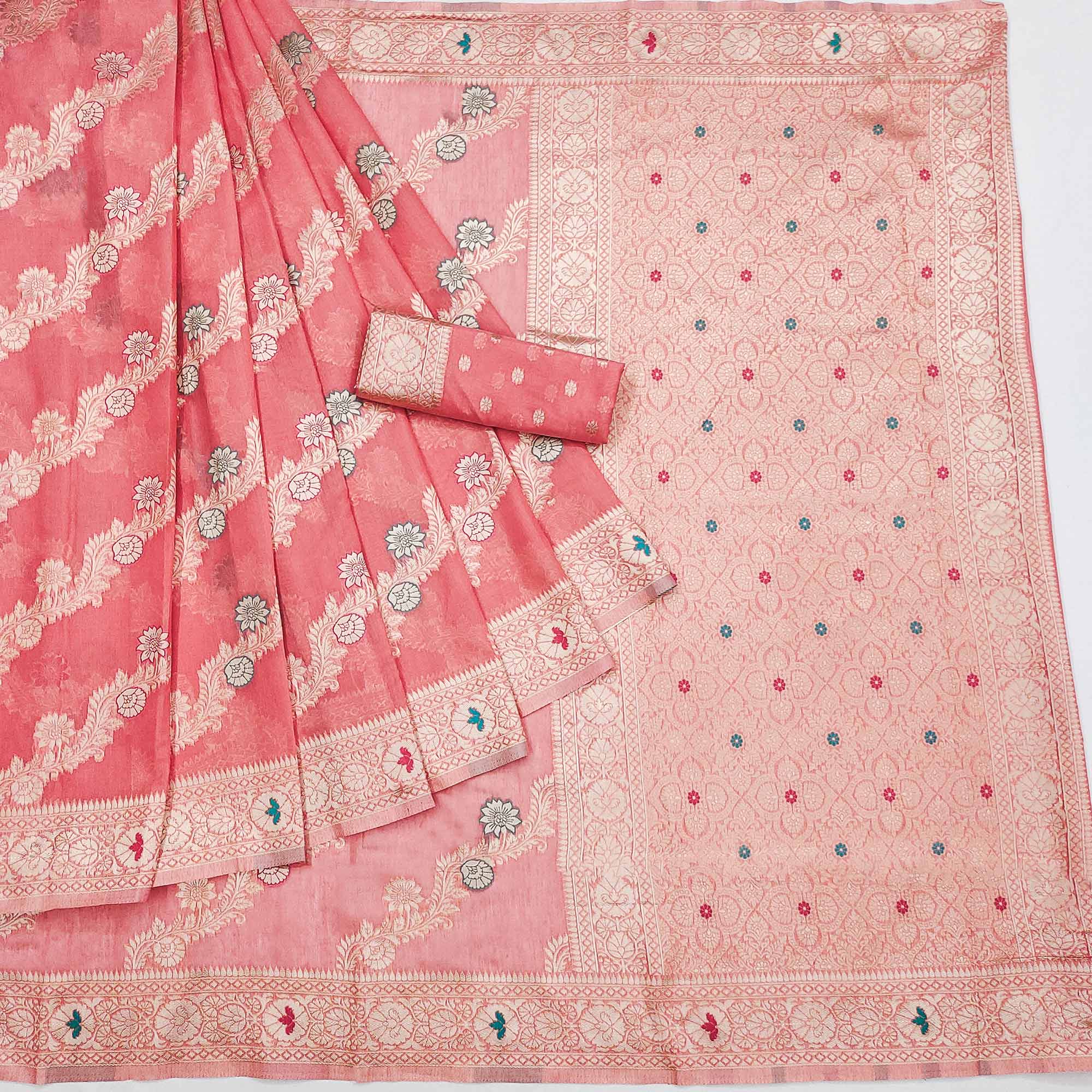 Pink Floral Woven Cotton Silk Saree