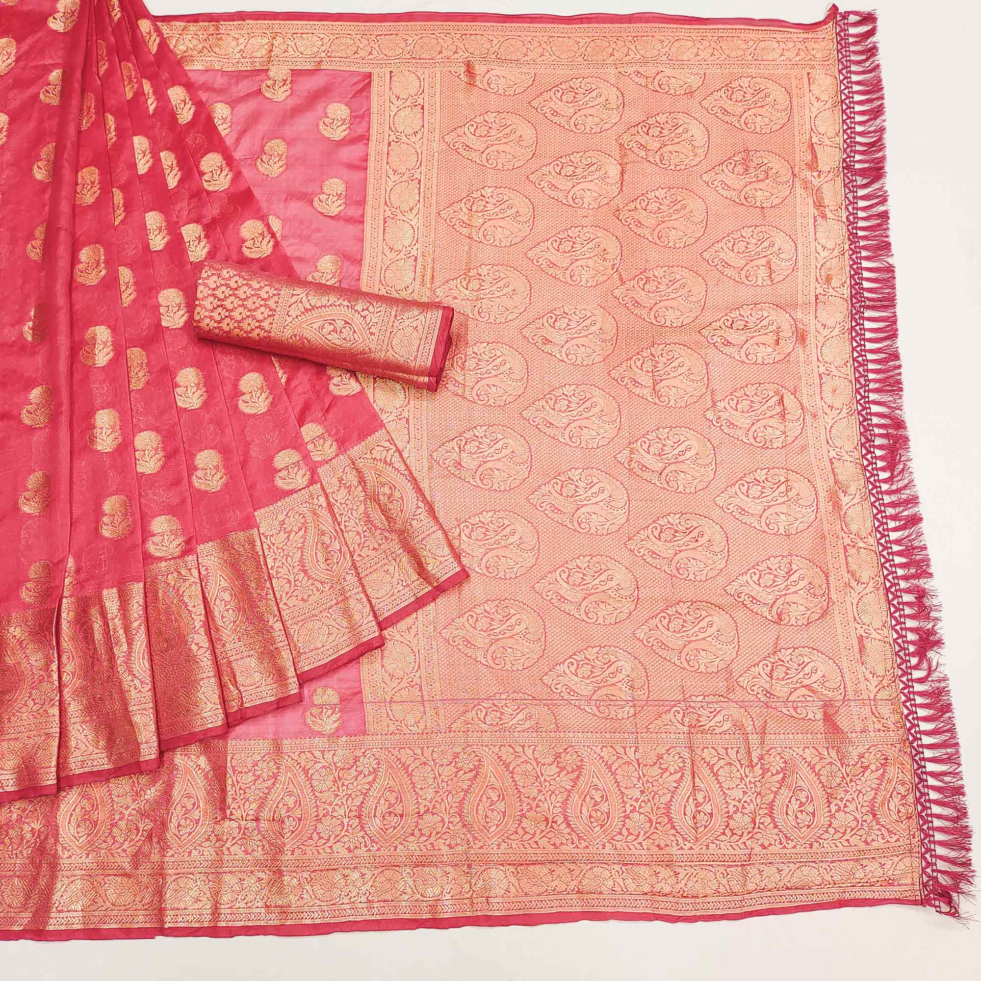 Gajri Pink Floral Woven Organza Saree With Tassels