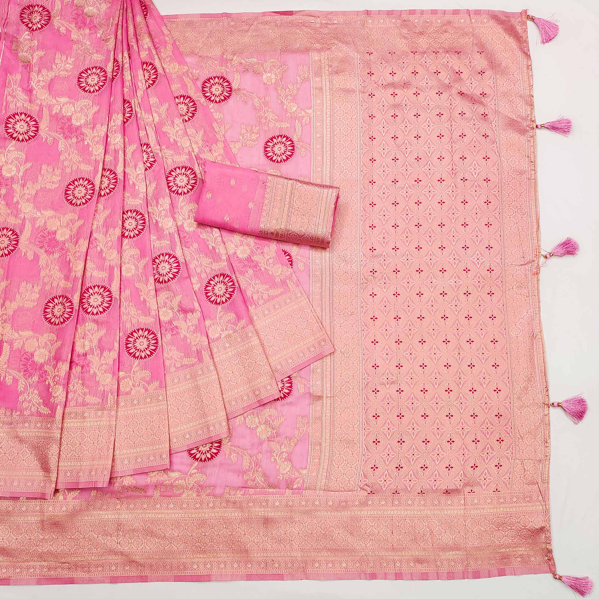 Pink Floral Woven Jacquard Saree With Tassels