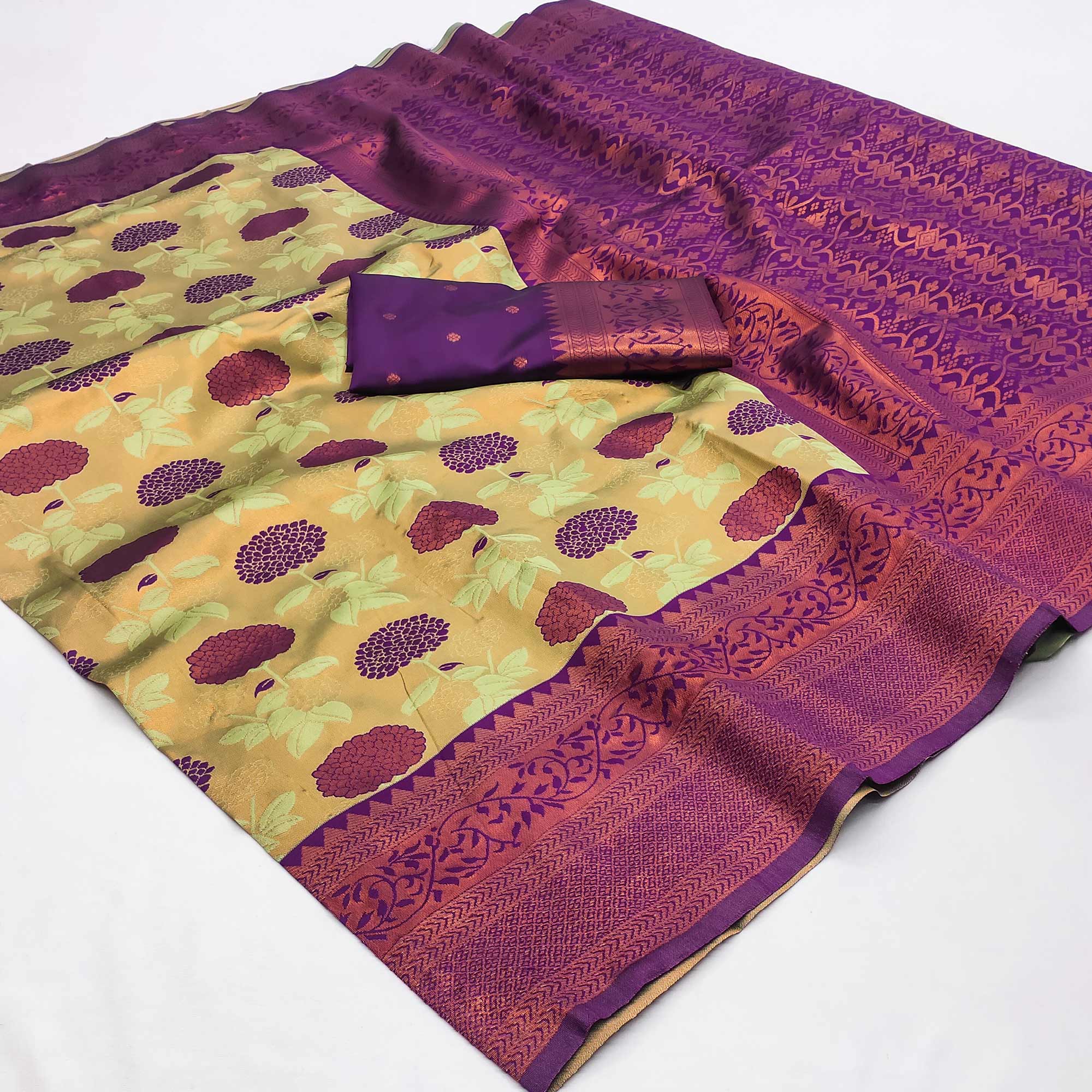 Cream & Purple Floral Zari Woven Cotton Silk Saree