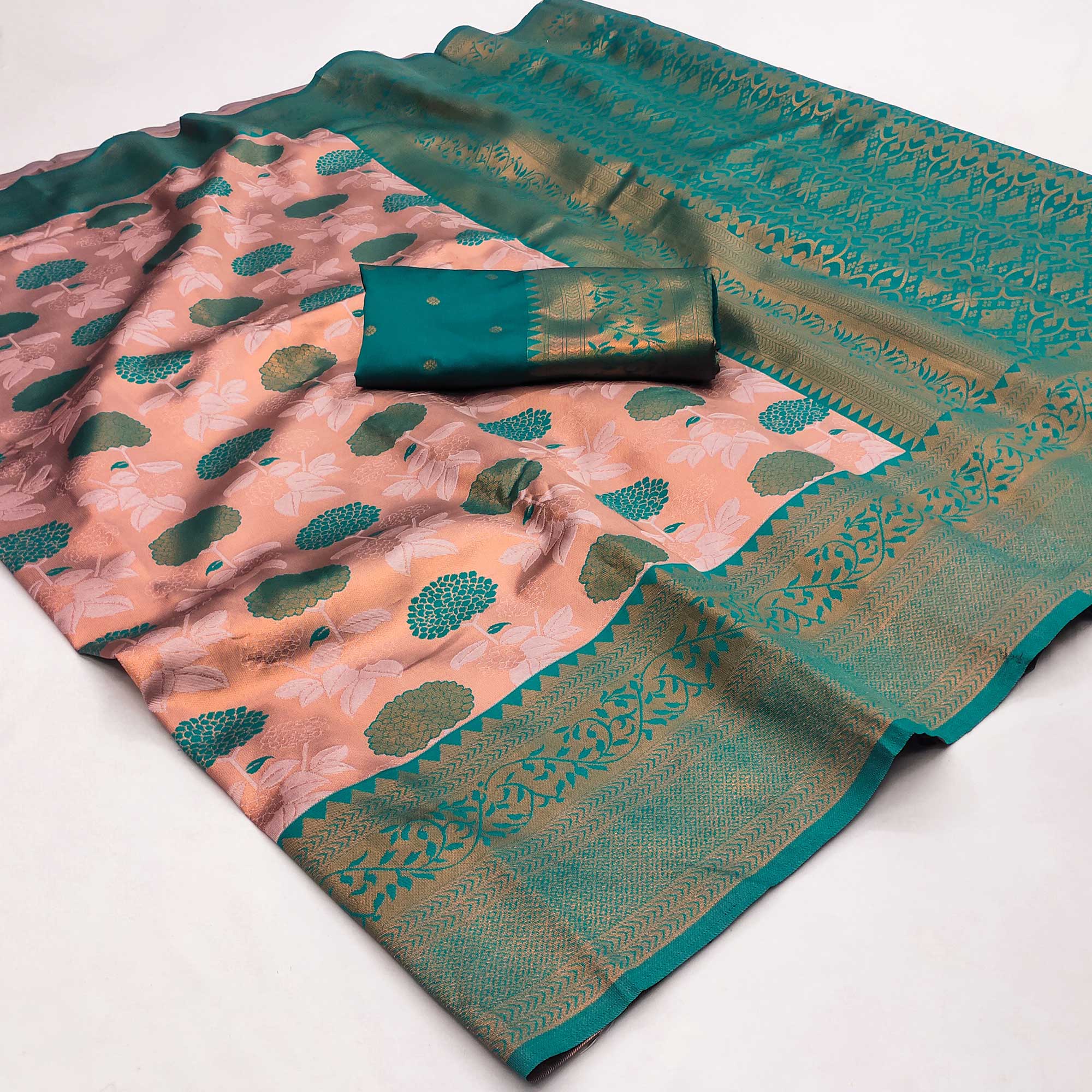Peach & Green Floral Zari Woven Cotton Silk Saree