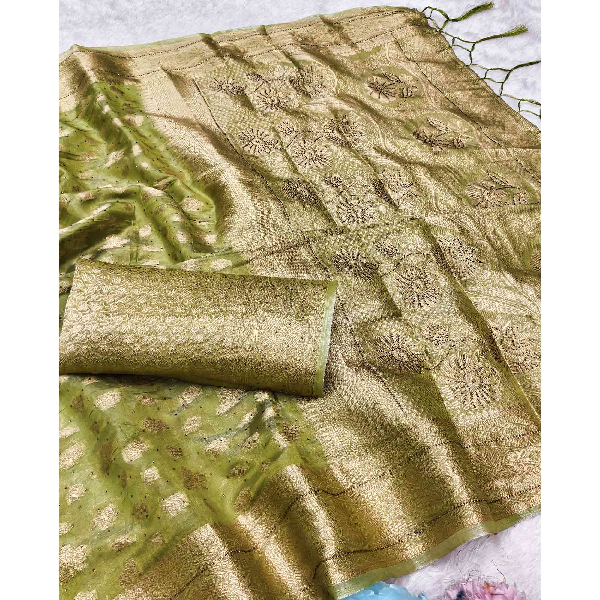 Radiant Green Tissue Banarasi Saree With Intricate Floral Zari Weaving & Stone Embellishments