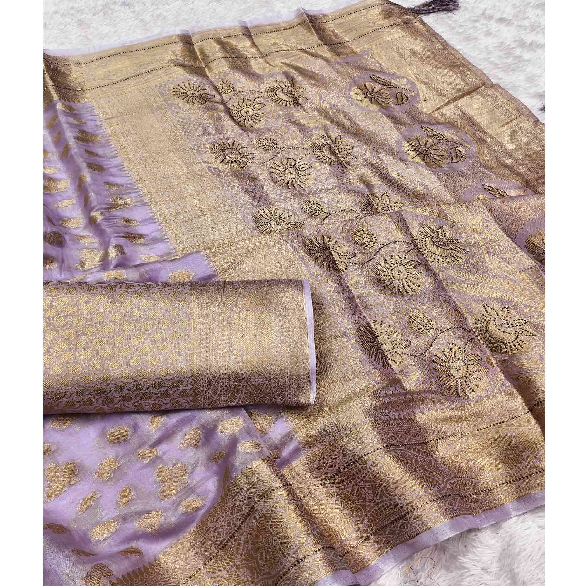 Radiant Lavender Tissue Banarasi Saree With Intricate Floral Zari Weaving & Stone Embellishments