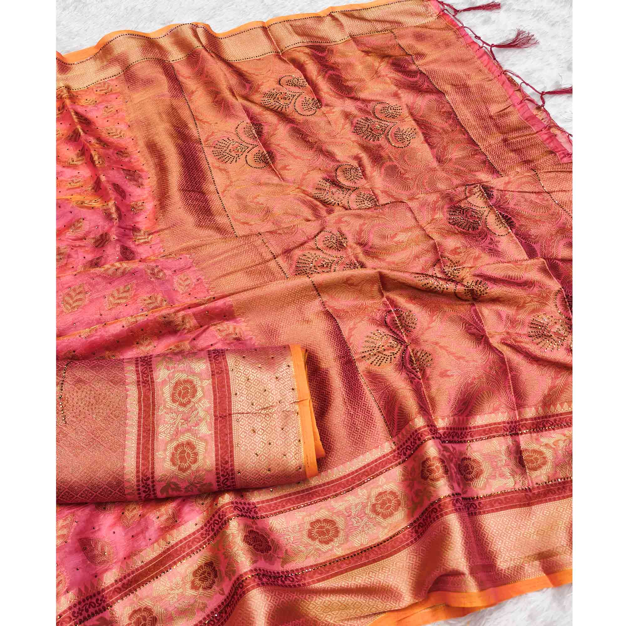 Pink Woven Banarasi Crunchy Silk Saree With Leaf & Floral Motifs Accented By Sparkling Stone