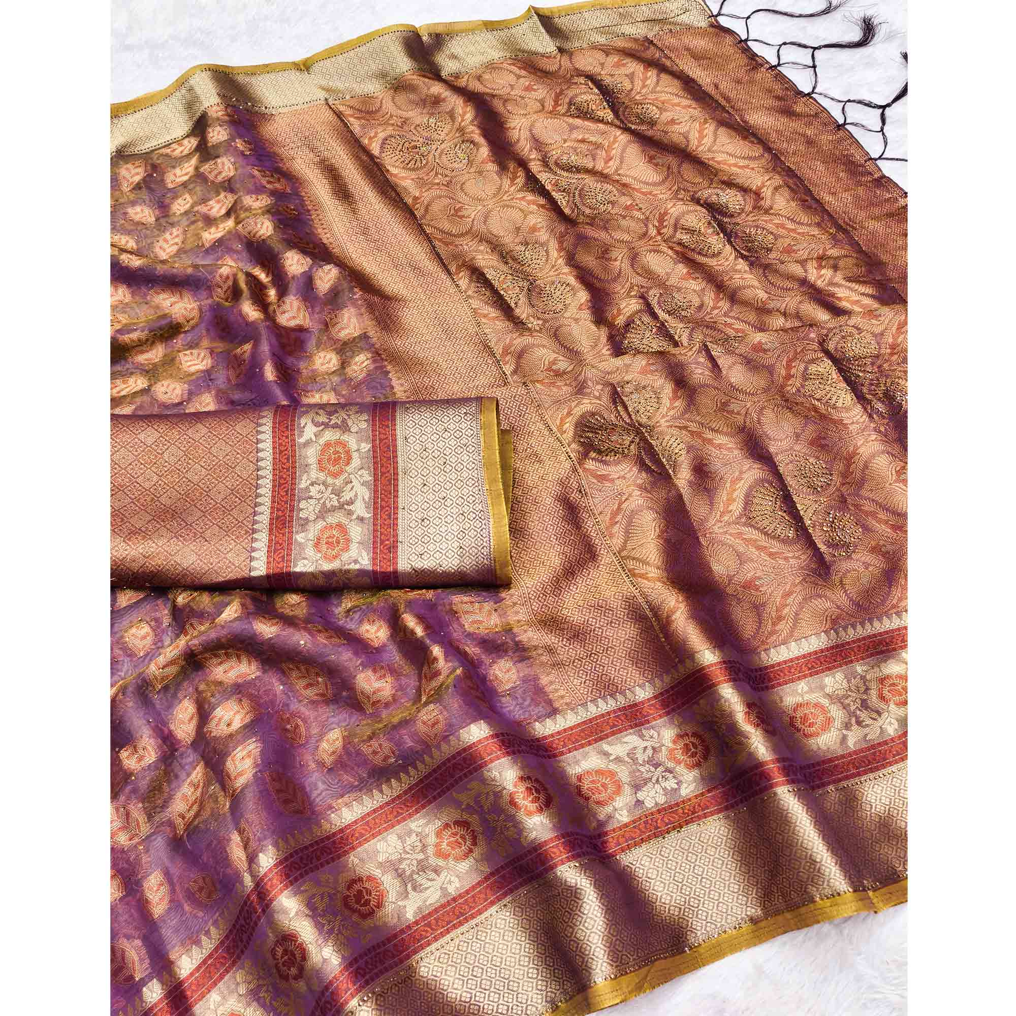 Purple Woven Banarasi Crunchy Silk Saree With Leaf & Floral Motifs Accented By Sparkling Stone