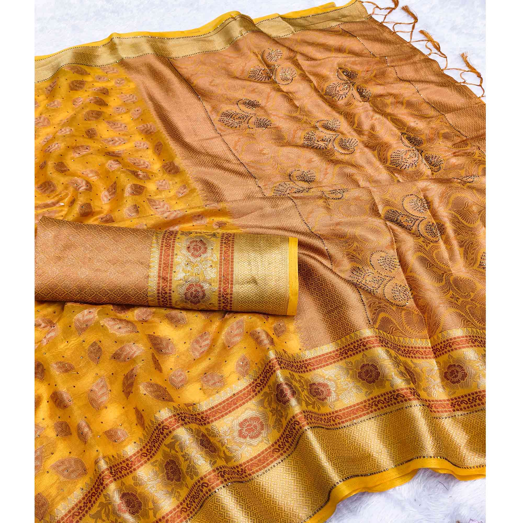 Yellow Woven Banarasi Crunchy Silk Saree With Leaf & Floral Motifs Accented By Sparkling Stone