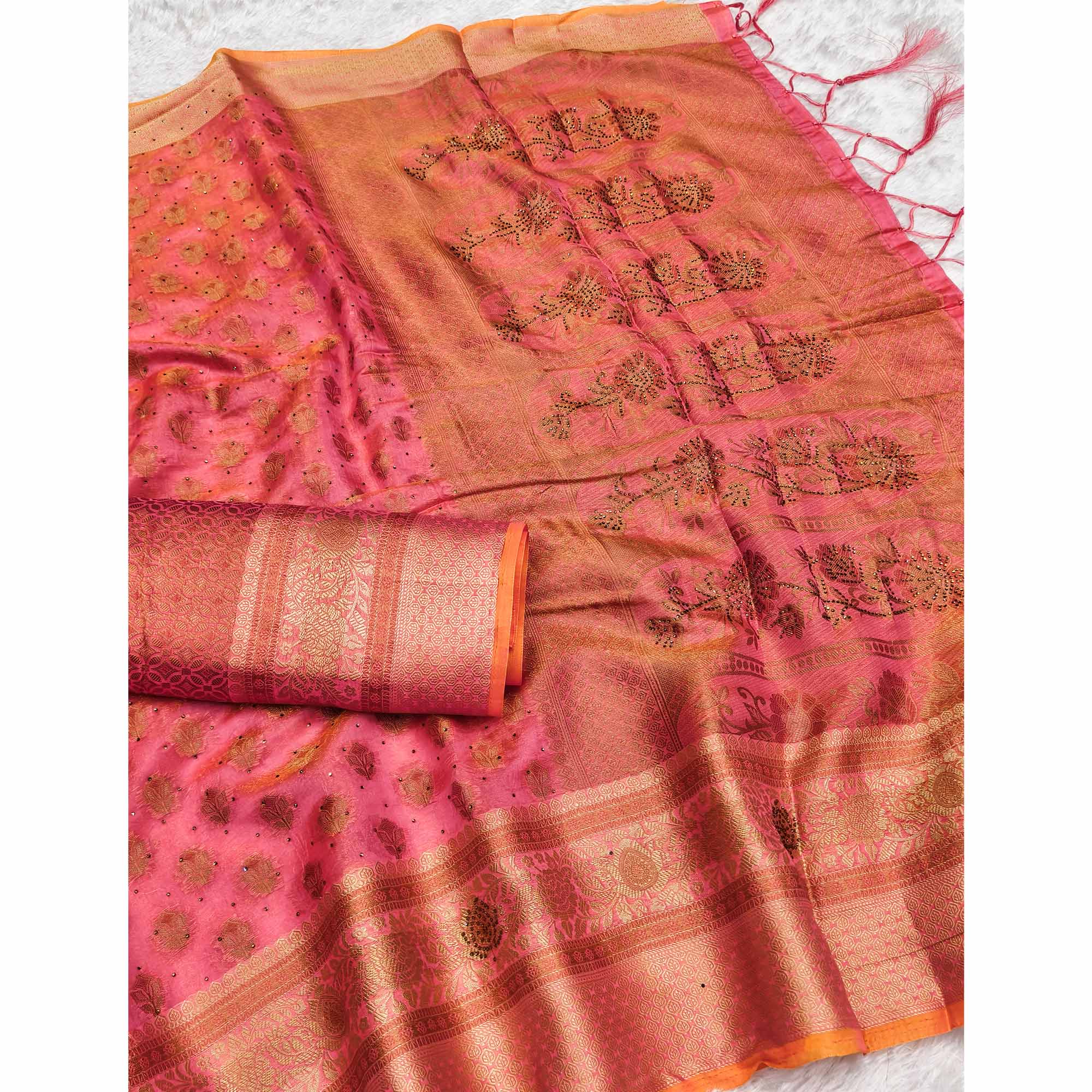Stunning Pink Floral Weaving Banarasi Crushy Silk Saree With Stone Work & Tassel Pallu