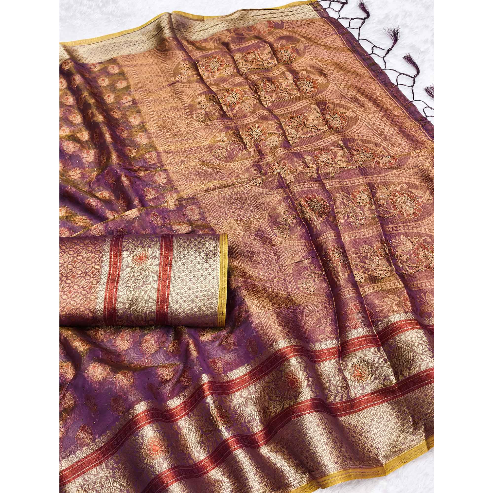 Stunning Purple Floral Weaving Banarasi Crushy Silk Saree With Stone Work & Tassel Pallu