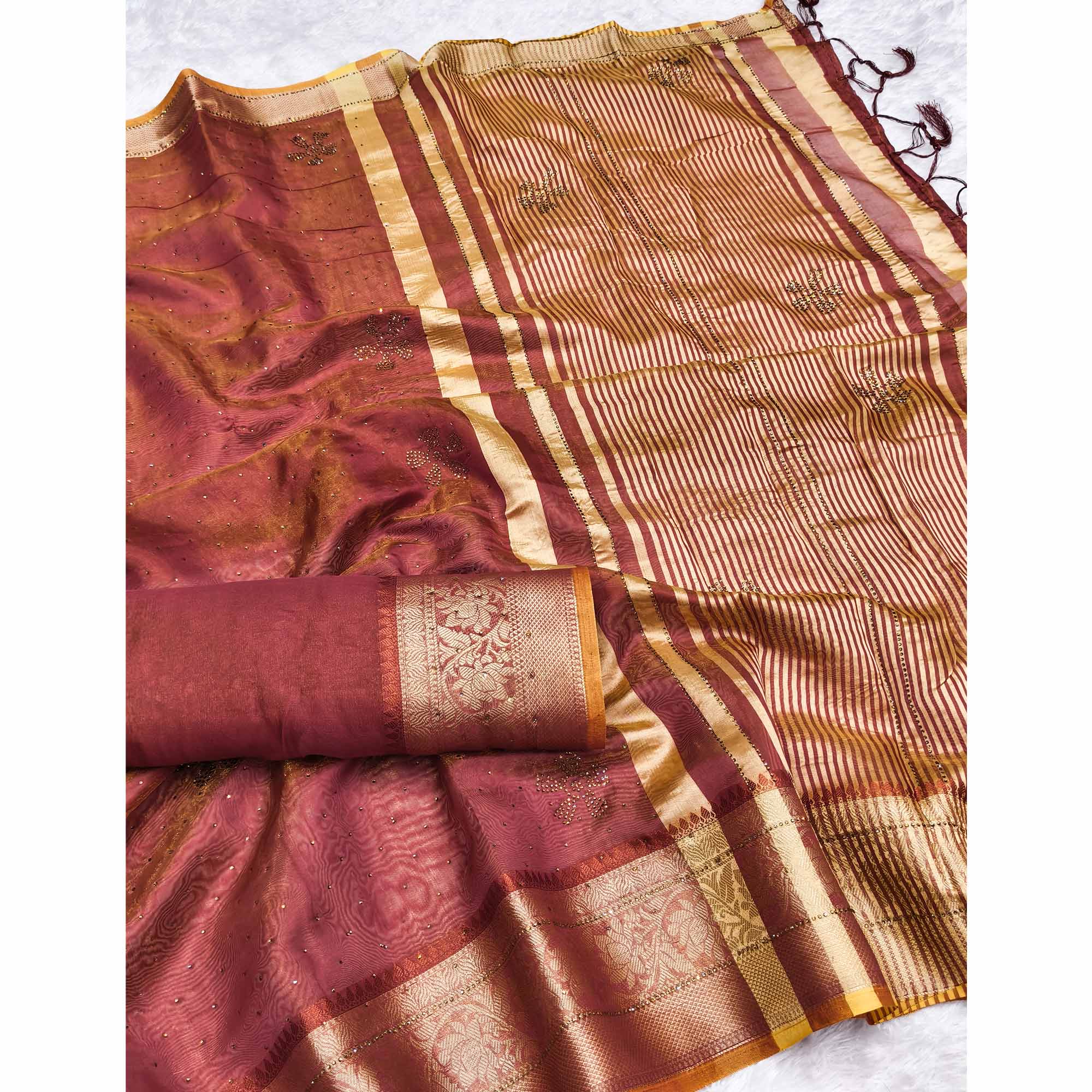 Exquisite Brick Red Floral Weaving Banarasi Crushy Silk Saree With Sparkling Stone Work
