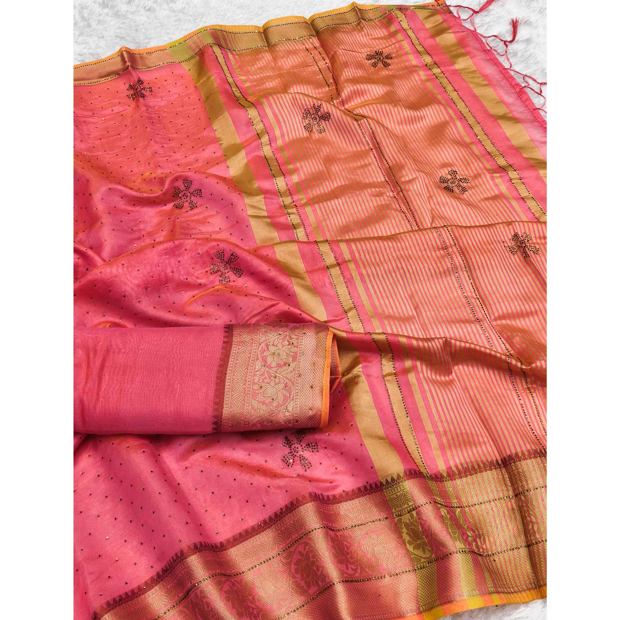 Exquisite Pink Floral Weaving Banarasi Crushy Silk Saree With Sparkling Stone Work